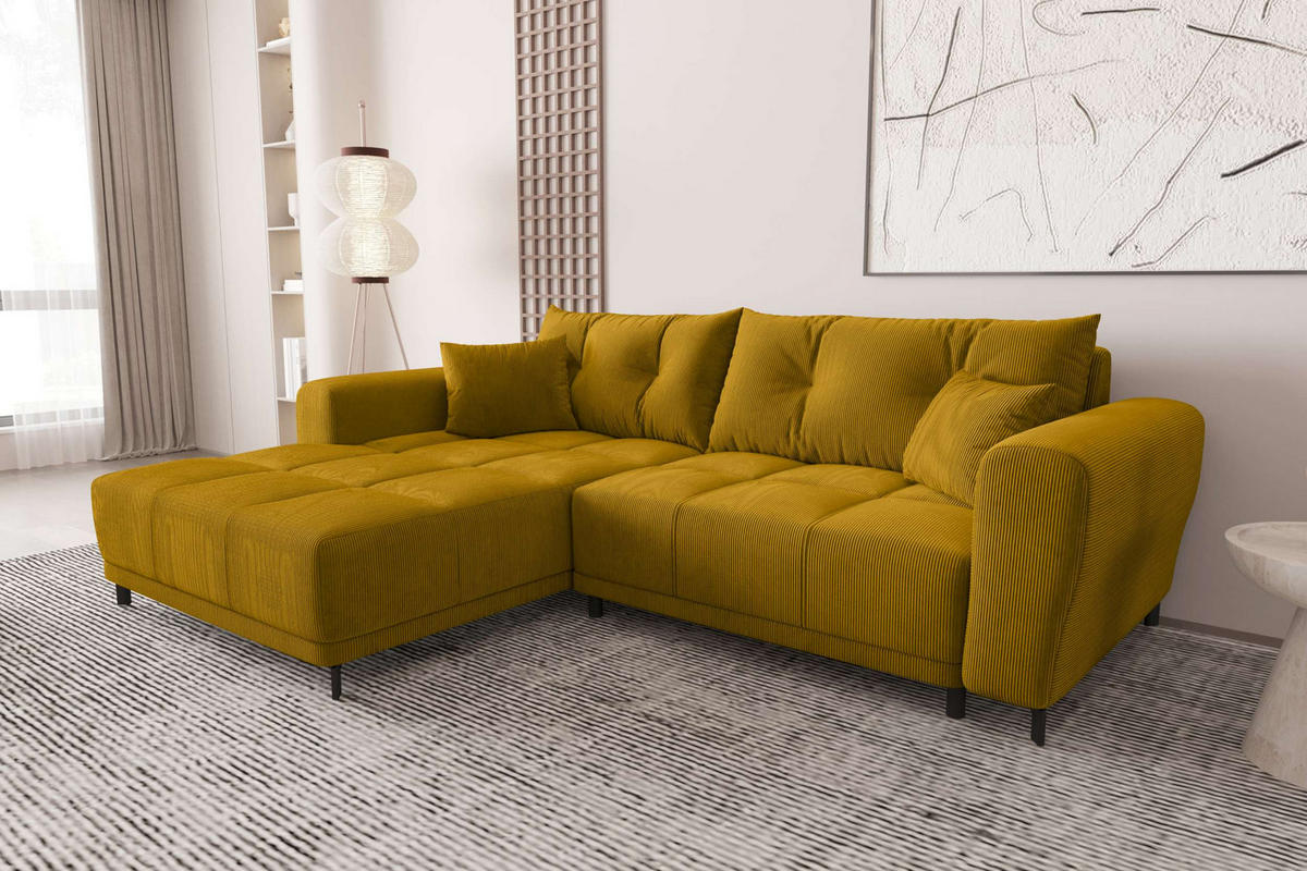ECKSOFA Massimo Cordstoff Goldfarben inkl. Schlaffunktion Links - Goldfarben/Schwarz, Textil/Metall (246/177cm) - 99rooms