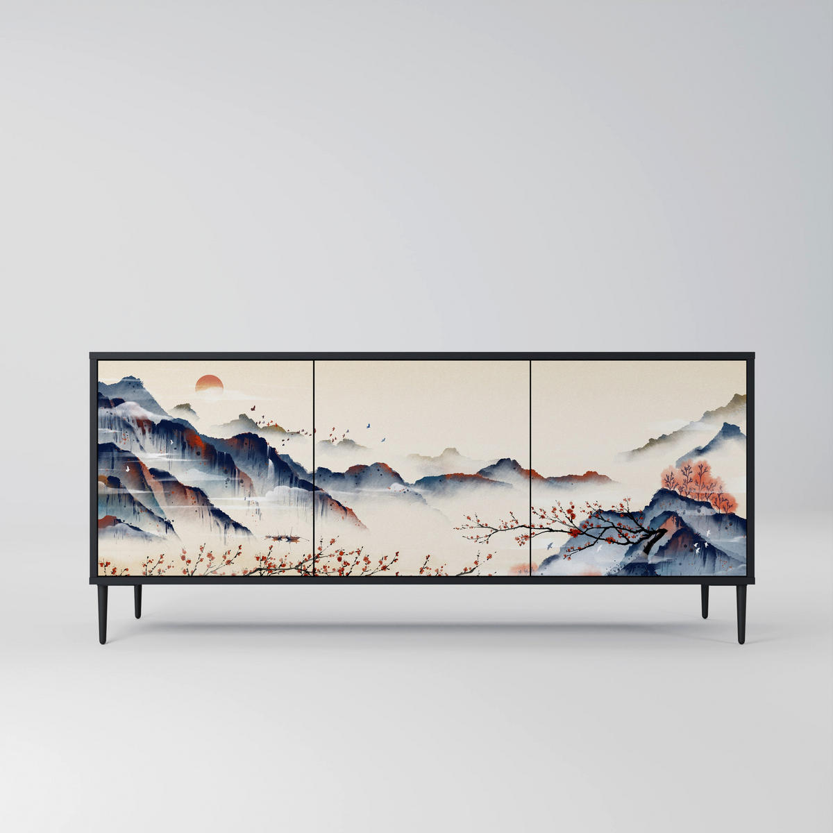 SIDEBOARD JAPANESE LANDSCAPE, Eicheneffekt, 164,5x42x77,5 cm, 3 Türen - Eichefarben/Buchefarben, Holzwerkstoff/Buchenholz (164.5/77.5/42cm) - SpaceRebels