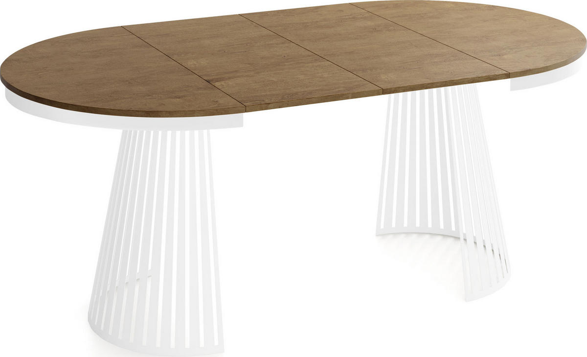ESSTISCH Naro rund ausziehbar mit Weißem Lamellen-Metallgestell, Braun 120-200/120/76 cm - Alteiche/Weiß, Holzwerkstoff/Metall (120/120/76cm) - WFL GROUP