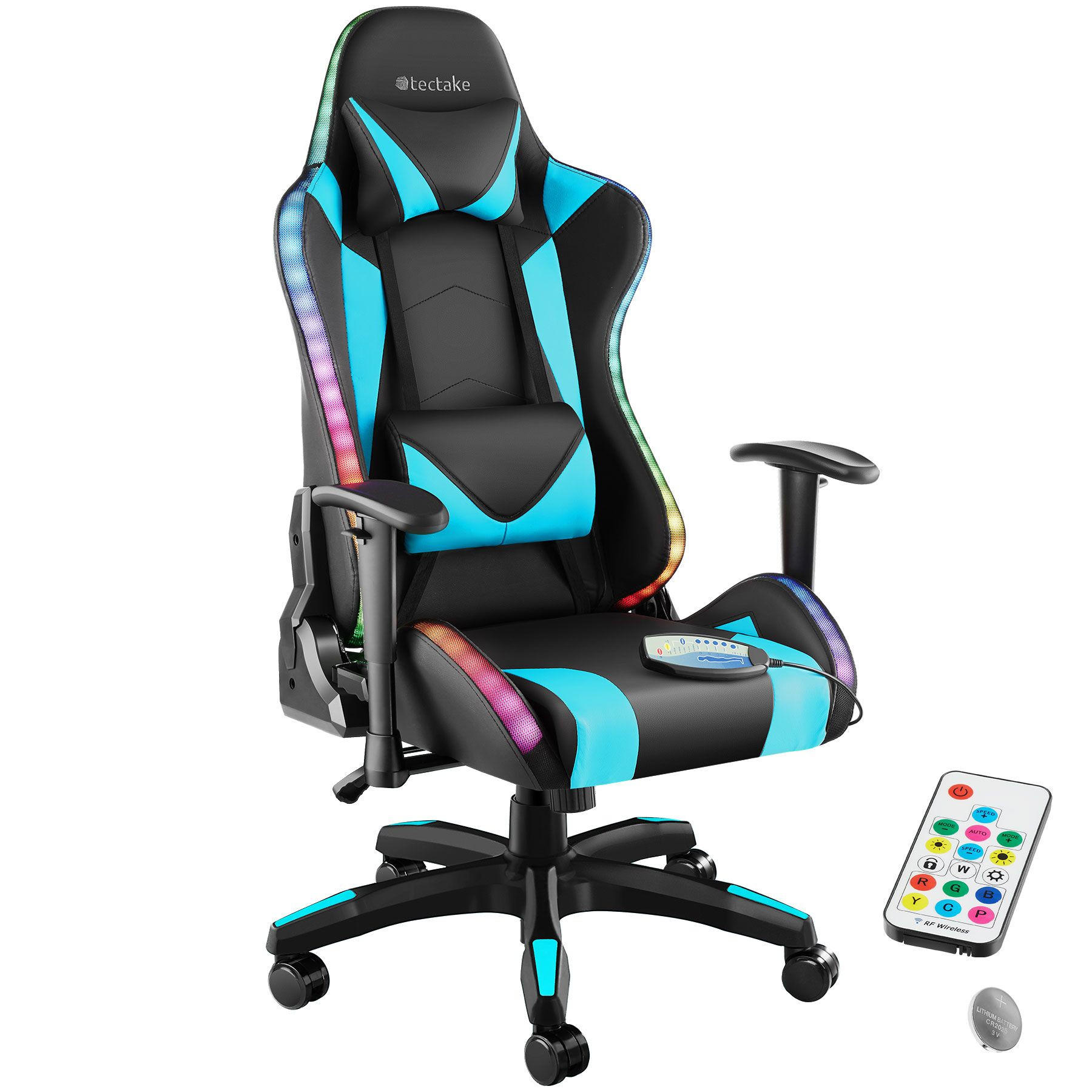 GAMINGSTUHL Tartaros,dicke Polsterung, Belastbarkeit 120 kg,schwarz/azur - Schwarz/Hellblau, Textil (66.5/126/69cm) - tectake