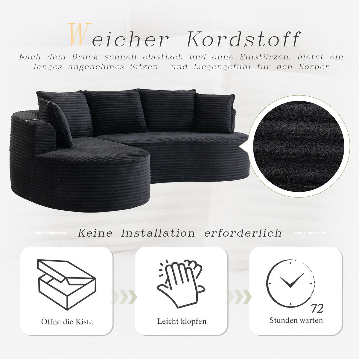ECKSOFA Cord Schwarz mit Getränkehaltern, Seitentaschen und Kissen - Schwarz, Textil (250/152cm) - WISHDOR