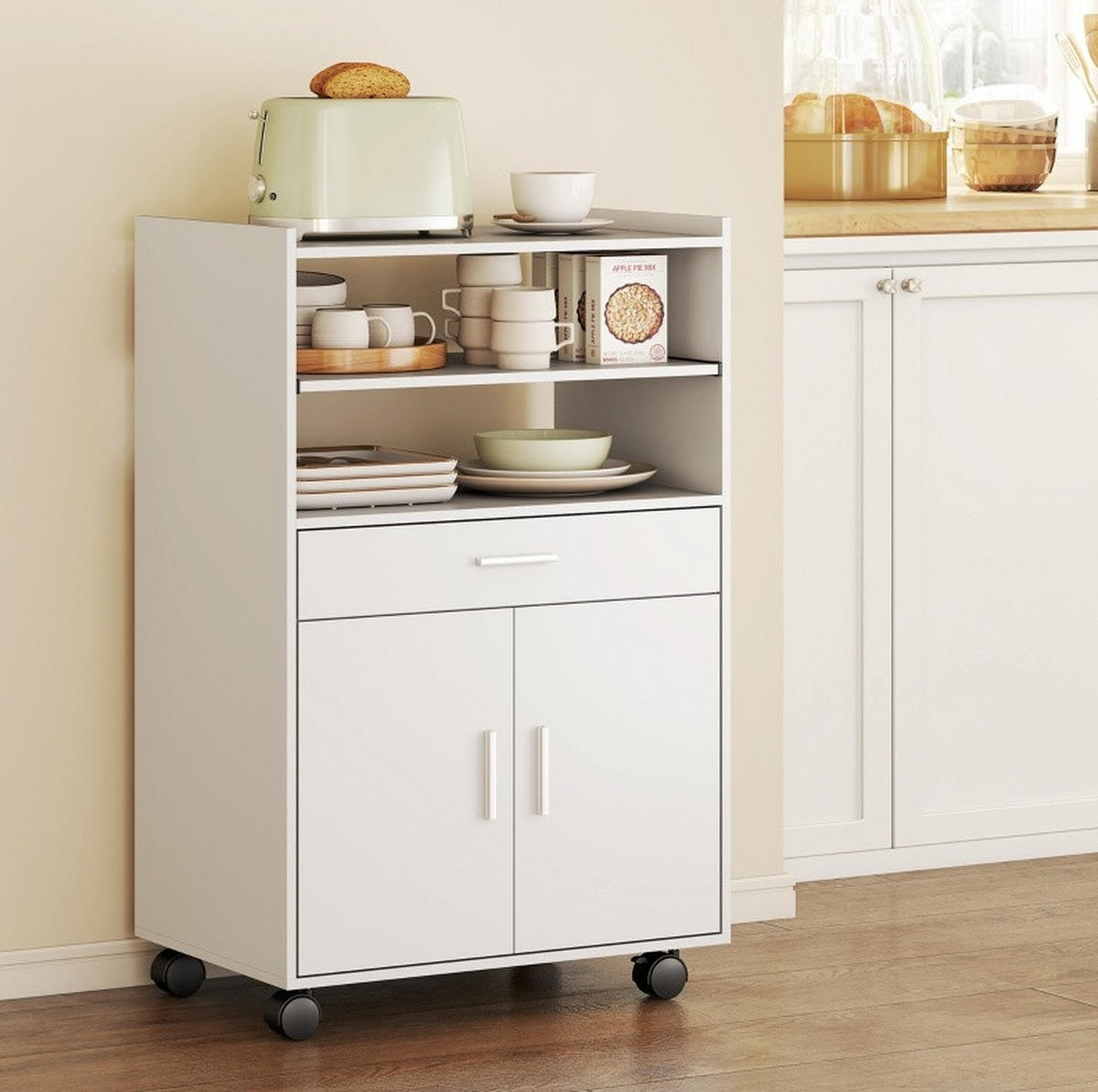 BUFFETSCHRANK mit Rollen, Schublade und Doppeltürschrank im minimalistischen Design, Weiß - Weiß, Holz (59/92/40cm) - Redom