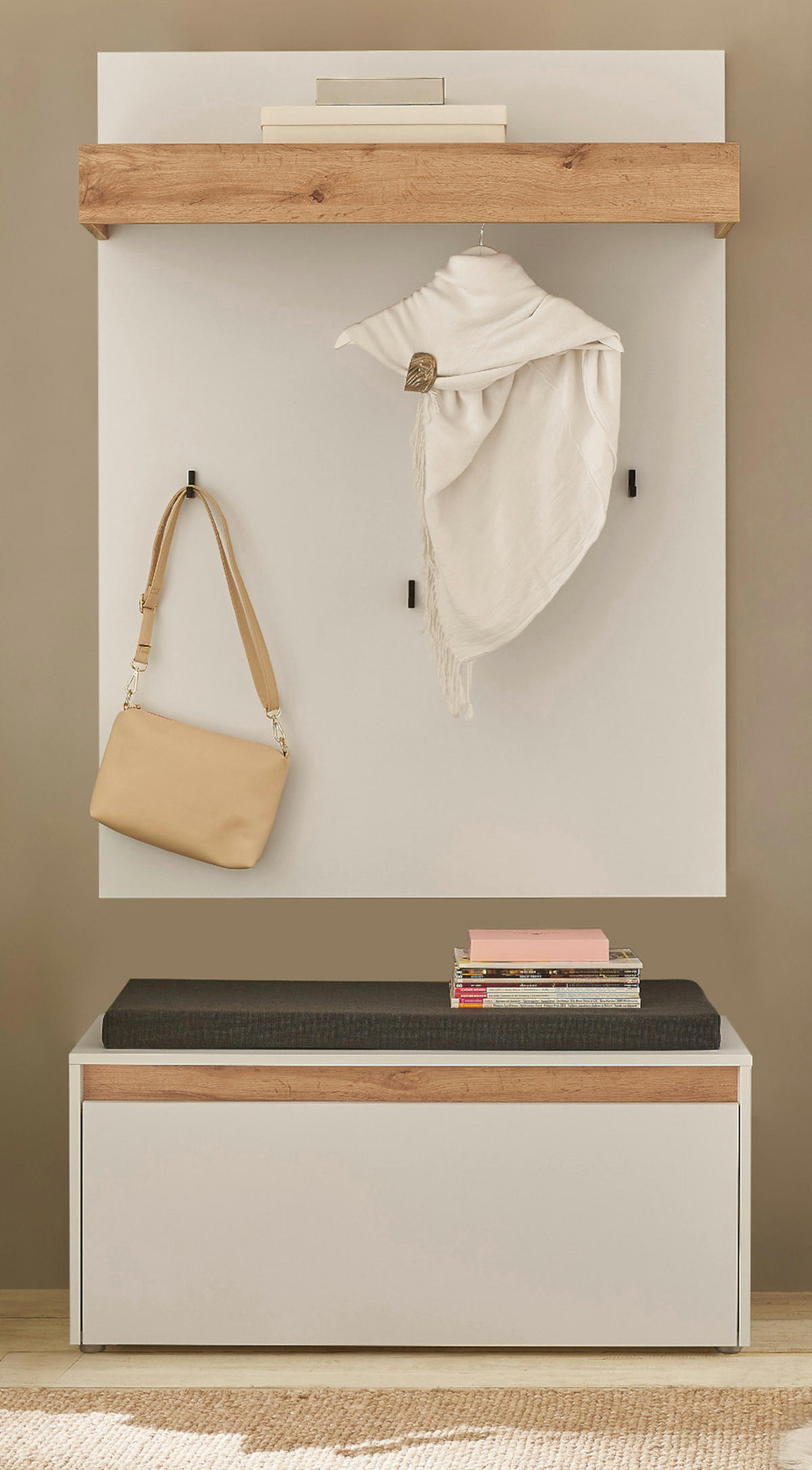 GARDEROBEN-SET 3-teilig weiß, Eiche Wotan 100 cm, Flur Garderobe inklusive Sitzkissen - Silberfarben/Eiche Wotan, Holzwerkstoff/Kunststoff (100/200/40cm) - Furn.Design