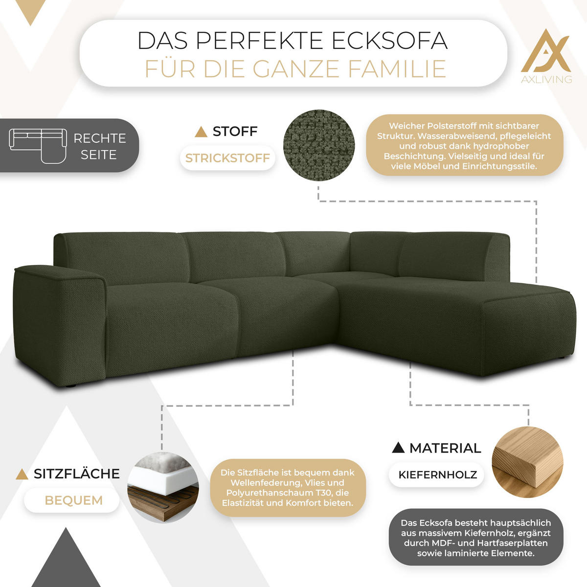 ECKSOFA L Form Didim Grün 292/220/78 cm – großes Sofa stilvoll & bequem R - Schwarz/Grün, Kunststoff/Textil (292/220cm) - AX Living