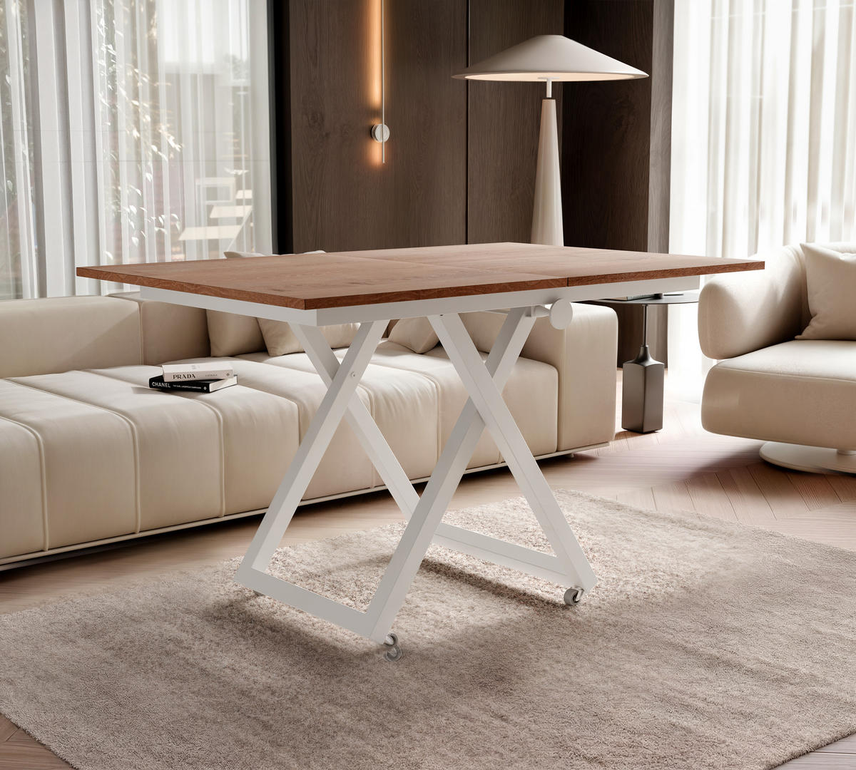 COUCHTISCH ARIA 120-160/80 cm, Höhenverstellbar, Weiß / Trüffelbraun - Weiß, Holzwerkstoff/Metall (120/80/38cm) - Idohome