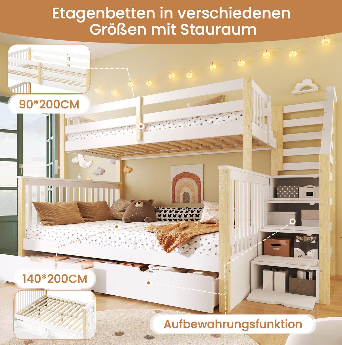ETAGENBETT 90/200 & 140/200 cm aus Kiefer mit Schubladen Weiß/Natur - Naturfarben, Holz (140/200cm) - Modenvie