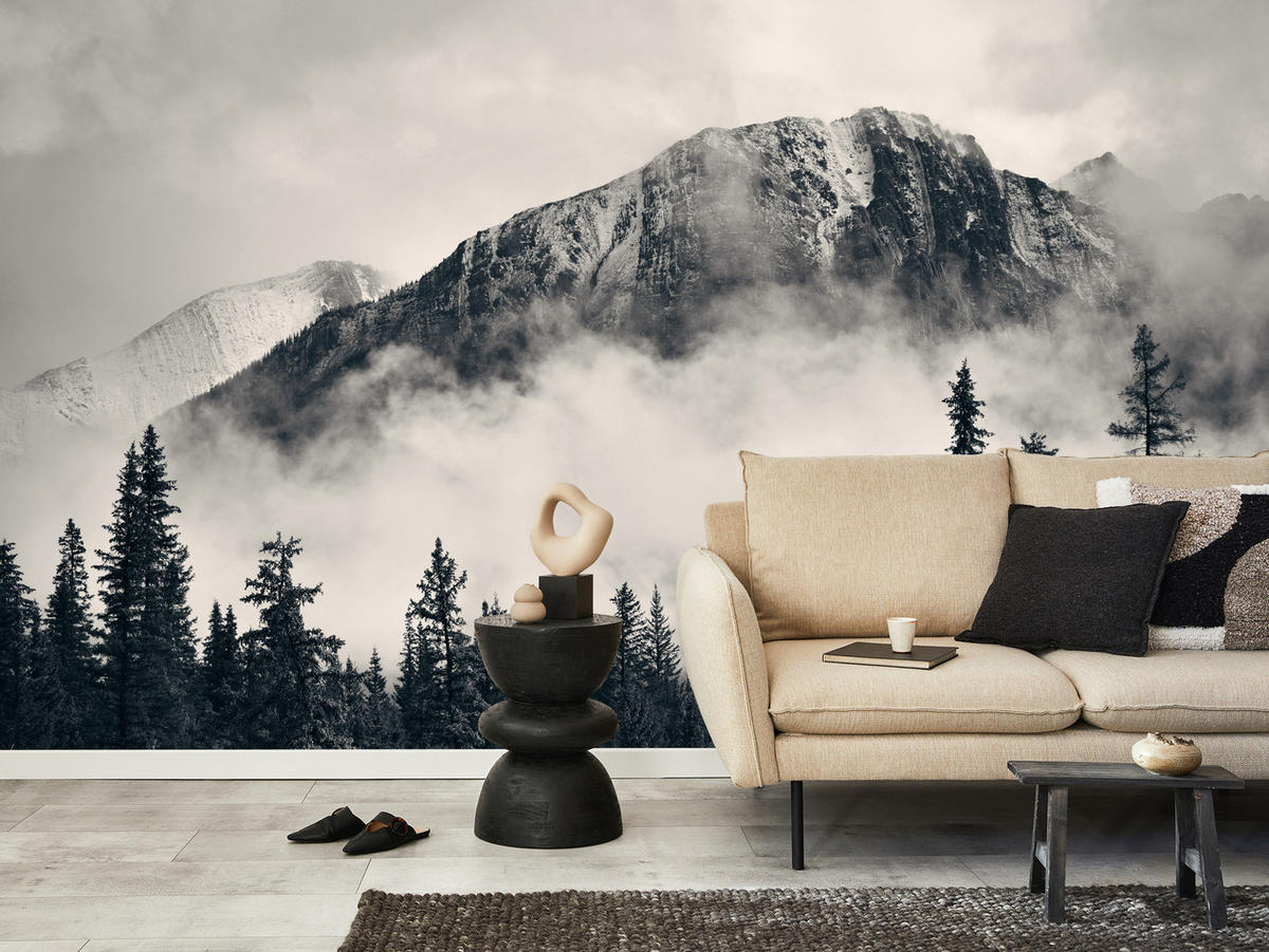 FOTOTAPETE für Wohnzimmer Nadelwald im Nebel im Hintergrund Berge 200x140 - Beige/Schwarz, Papier (200/140cm) - Muralo