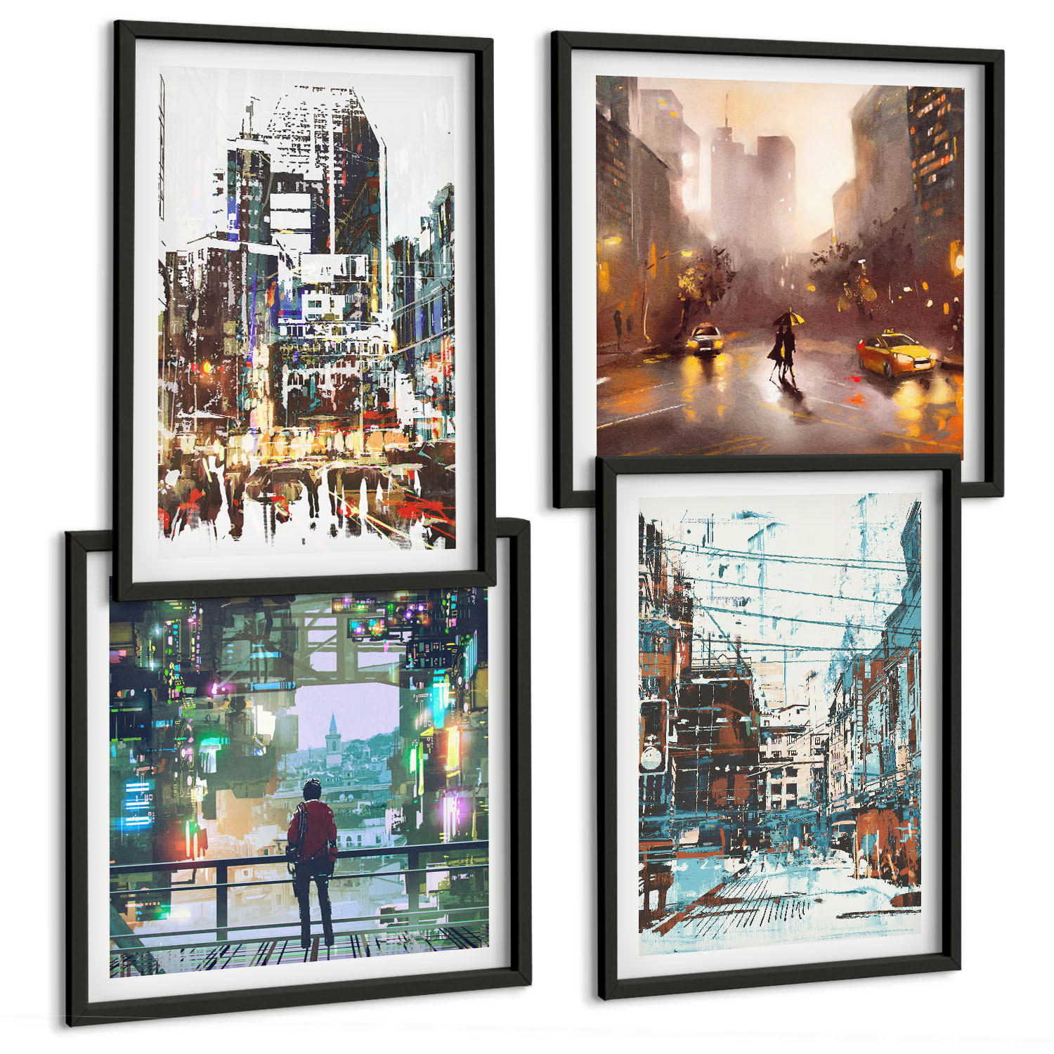 BILDER SET 4er Set - 50x50 cm & 40x60 cm Schwarzer Rahmen - Moderne, farbenfrohe Städte mit Charakteren - Schwarz, Kunststoff (50/50cm) - TULUP