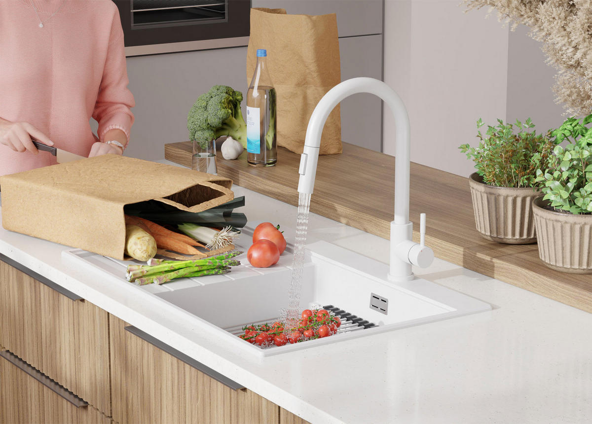 SPÜLBECKEN Sydney, 2-er set Weiß 78/50 cm 1 Becken + Ablauf-Set + Küchenzubehörset ab 50er Unterschrank - Chromfarben/Beige, Kunststoff (78/20/50cm) - Primagran