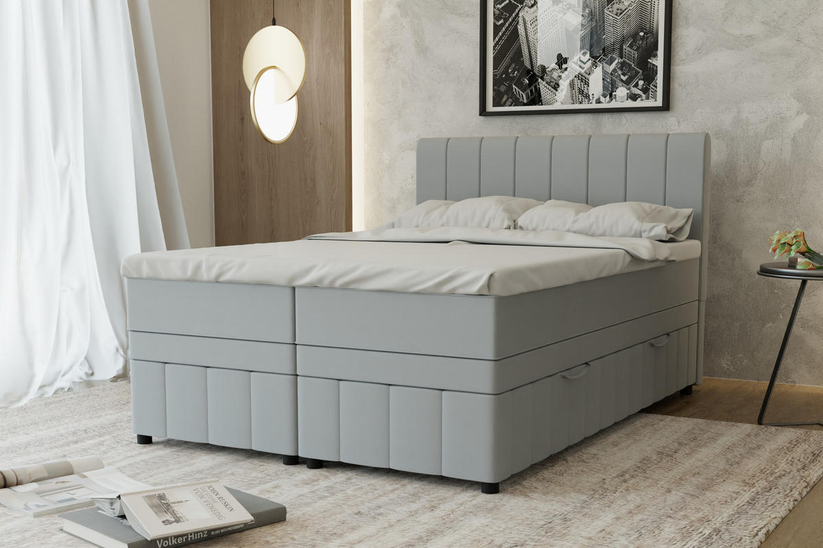 BOXBETT AVALON 140 x 200 cm mit Bettkasten und Topper - Hellgrau - Hellgrau, Holz - Panda Möbel