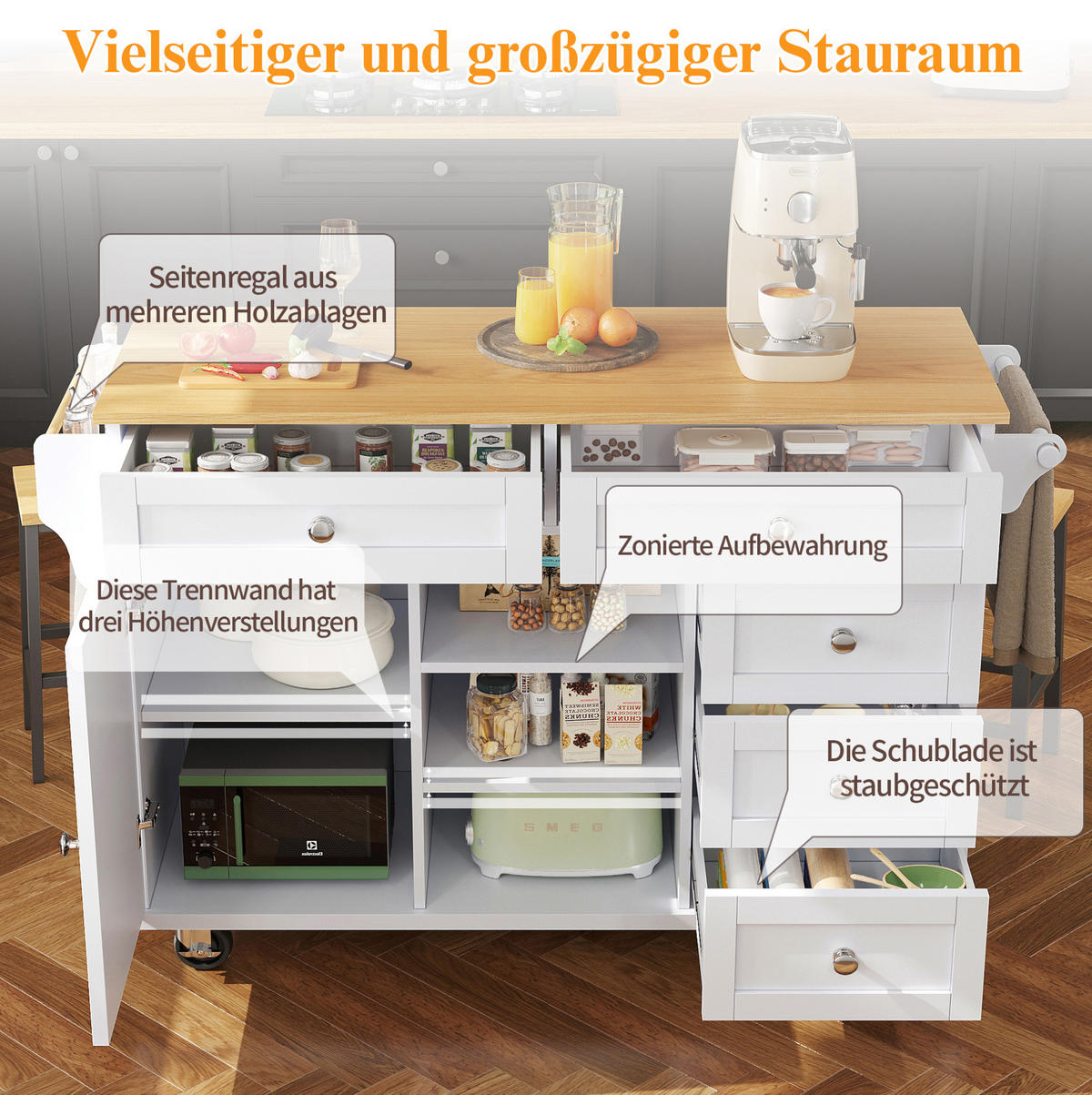 KÜCHENINSEL 134/46/92 cm weiß mit Rollen und viel Stauraum - Weiß, Holzwerkstoff (134/92/46cm) - OKWISH