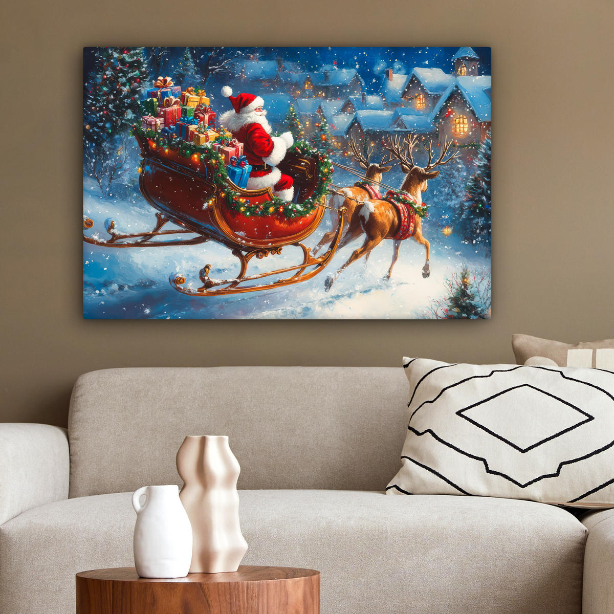 LEINWANDBILD Weihnachtsmann - Rentier - Weihnachten - Schnee Wanddeko 90x60 cm - Cognac, Textil (90/60cm) - MuchoWow