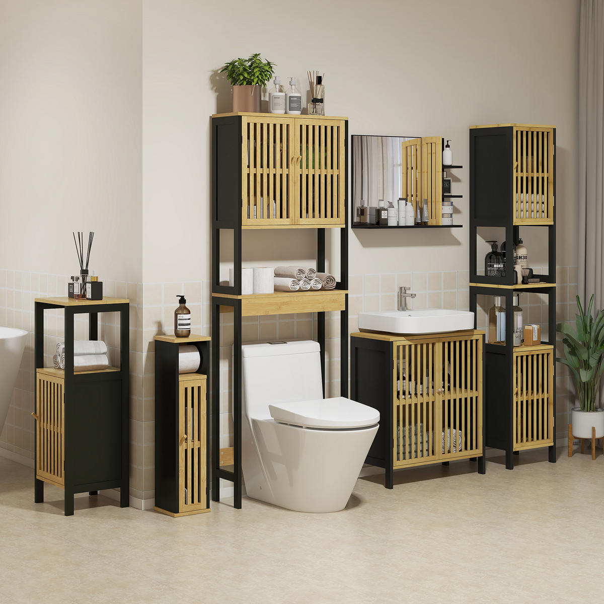 BADEZIMMERREGAL DE-15883 mit 2 Türen & offenem Fach Bambus - Naturfarben, Holzwerkstoff (21.5/172/60cm) - ComfortXL