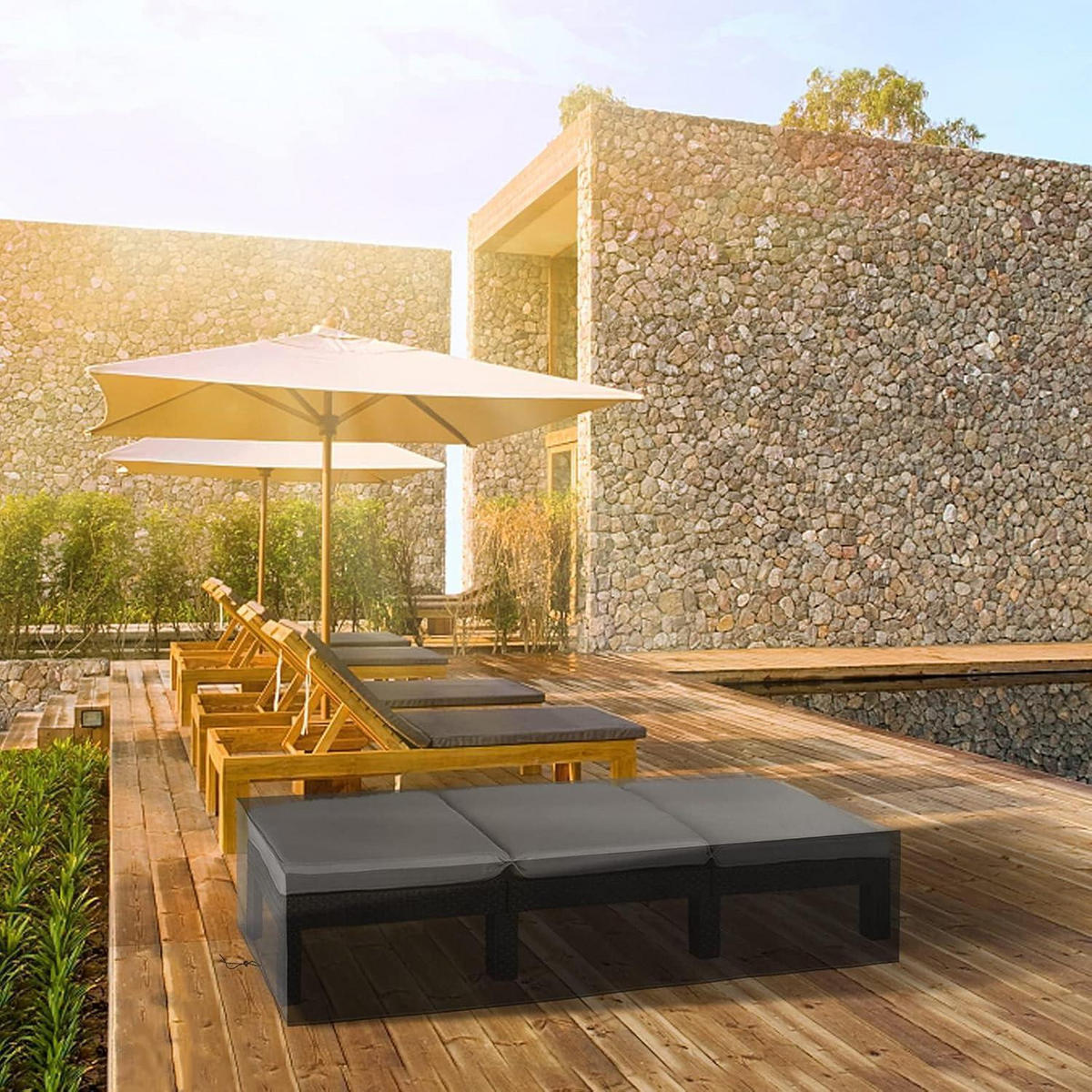 GARTENLIEGE Abdeckung 2-teiliges Set 200 x 68 x 30 cm Wasserdicht Oxford - Schwarz, Kunststoff (68/30/200cm)