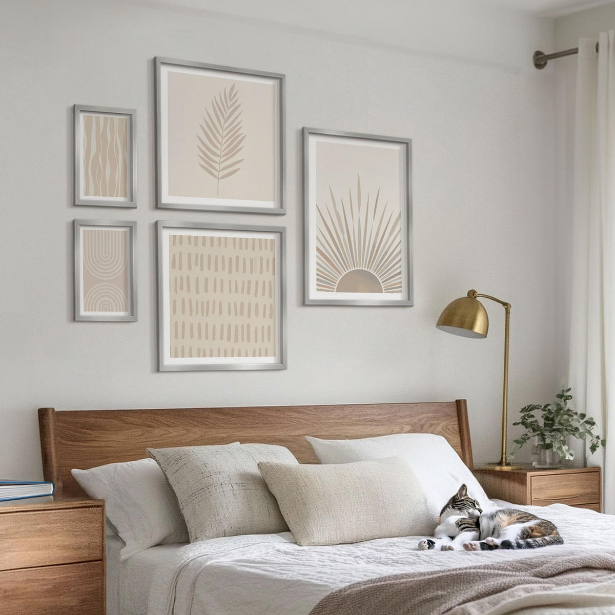 WANDBILDER 5er Set - 50x50 cm & 20x30 cm & 40x60 cm Silberner Rahmen - Beige Pflanzenmuster - Silberfarben, Kunststoff (40/60cm) - ArtPrintCave