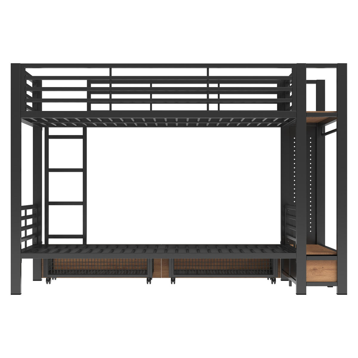ETAGENBETT 90/200 cm Schwarz mit 4 Schubladen, LED-Lichtleiste und Kleiderstange - Schwarz, Metall (90/200cm) - Oxeza