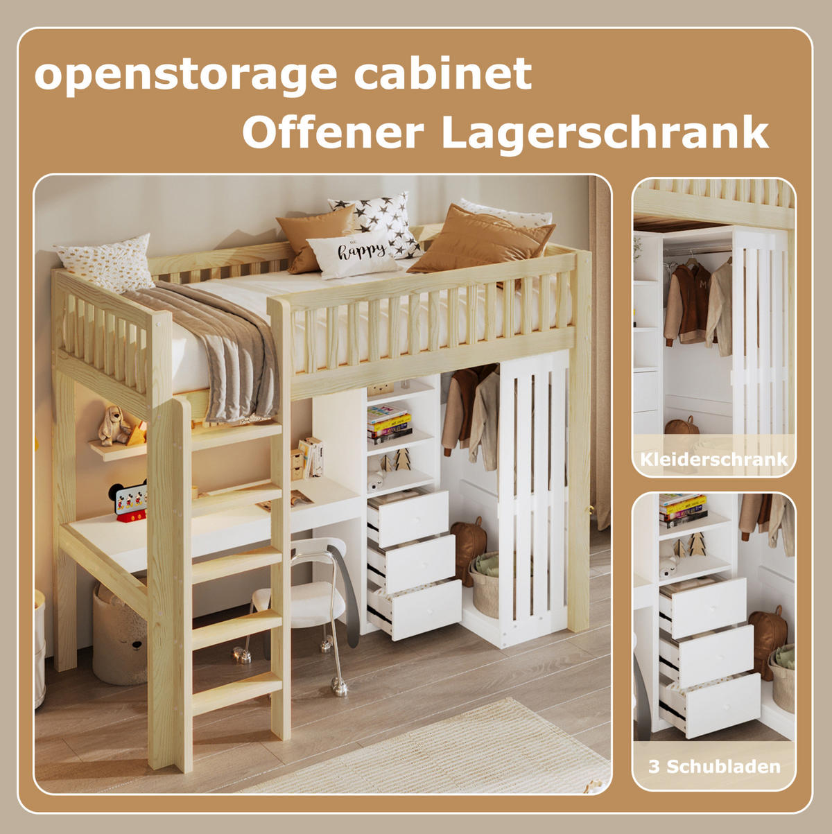 HOCHBETT 90/200 cm Natur aus Kiefernholz und MDF mit Schreibtisch und Stauraum - Naturfarben, Holz (90/200cm) - OKMYHOME