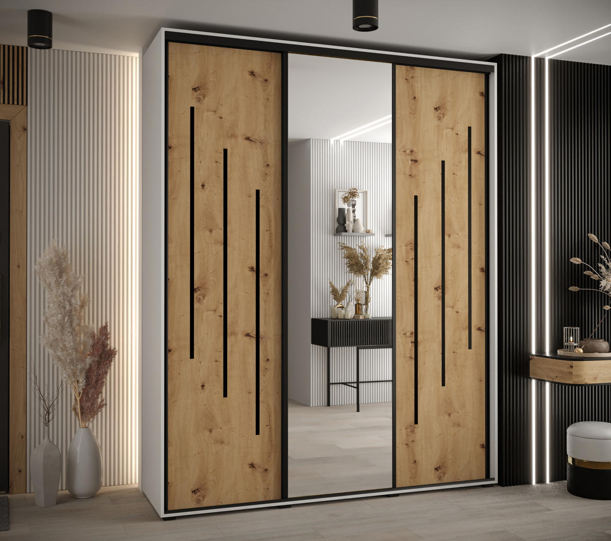 SCHWEBETÜRENSCHRANK 235,2/200/60 3-türig - Schwarz/Eiche Artisan, Holz/Metall (200/235/60cm) - Abiks Möbel