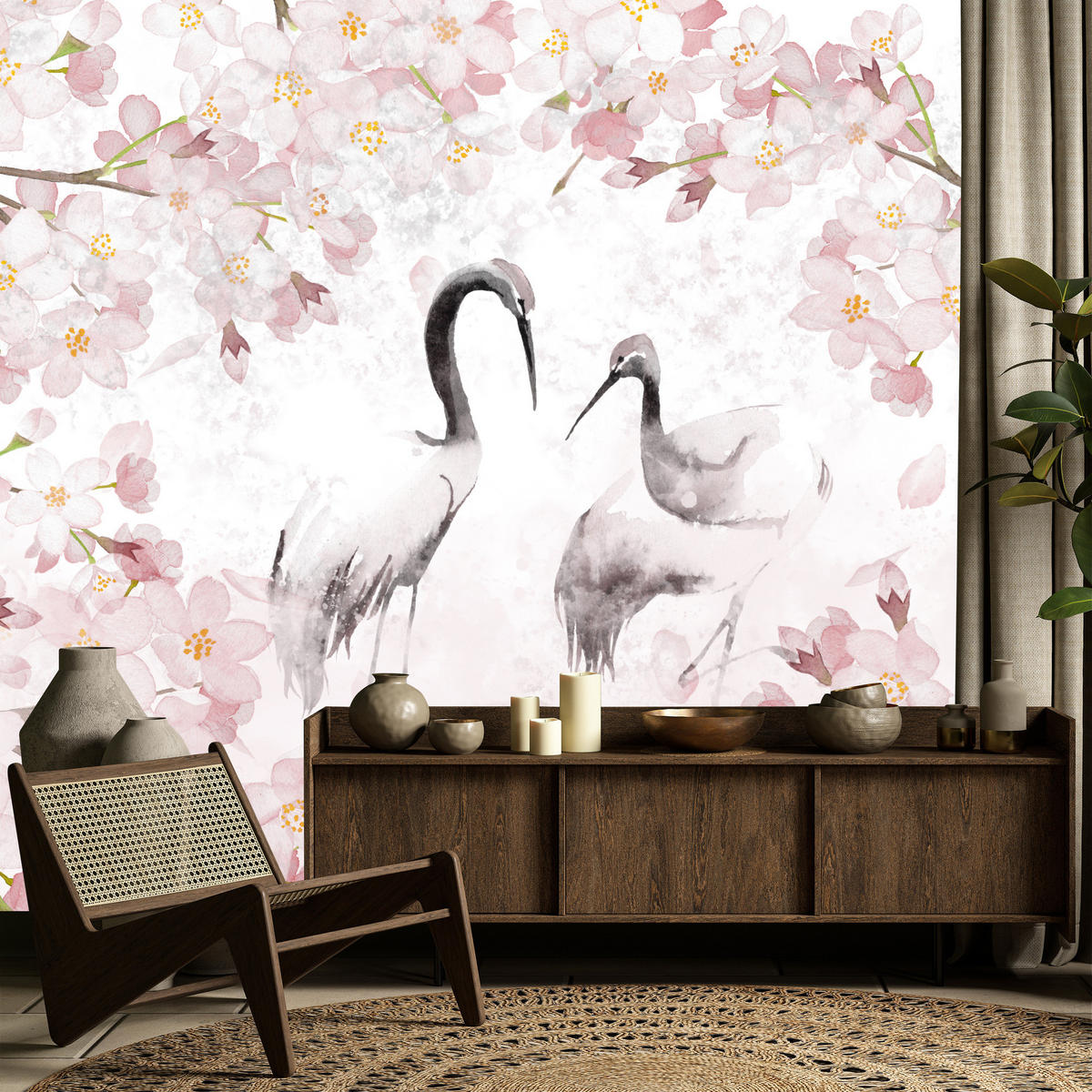 FOTOTAPETE Kraniche Kirschblüten Natur Aquarell 150x105 - Beige/Schwarz, Papier (150/105cm) - Muralo