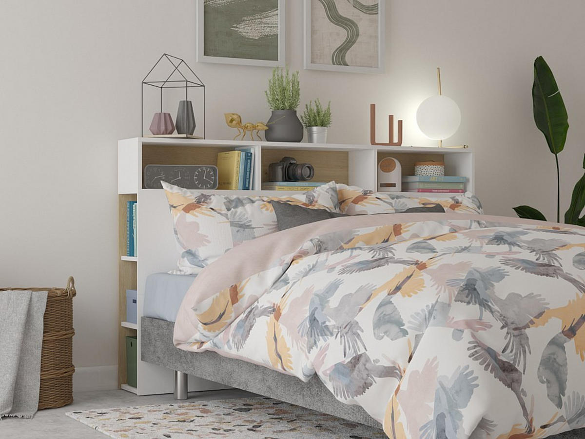 BETTKOPFTEIL mit Stauraum - 160 cm - Eichefarben & Weiß - NASTIA - Weiß, Holz (162/100/23cm) - Vente-Unique