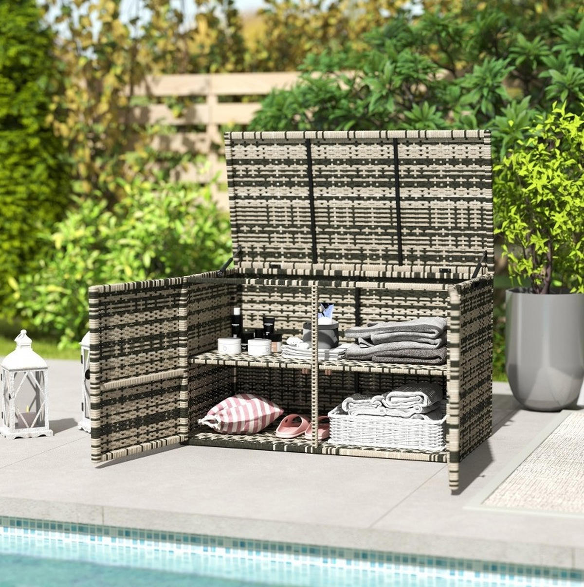 AUFLAGENBOX 118/57/69 cm mit 350 L Stauraum, Gasdruckfedern und Tragegriffen aus Stahl und PE-Rattan, Grau - Grau, Metall (57/69/118cm) - Redom