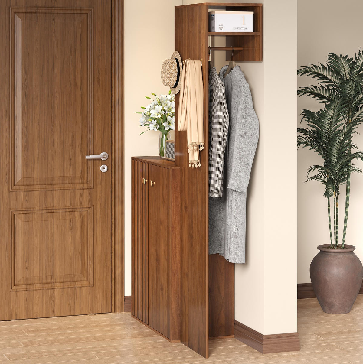 KOMPAKTGARDEROBE mit Schuhschrank 115 x 38,5 x 191,5 cm MDF nussbaumfarben - Braun, Holzwerkstoff (38.5/191.5/115cm) - Beauniv