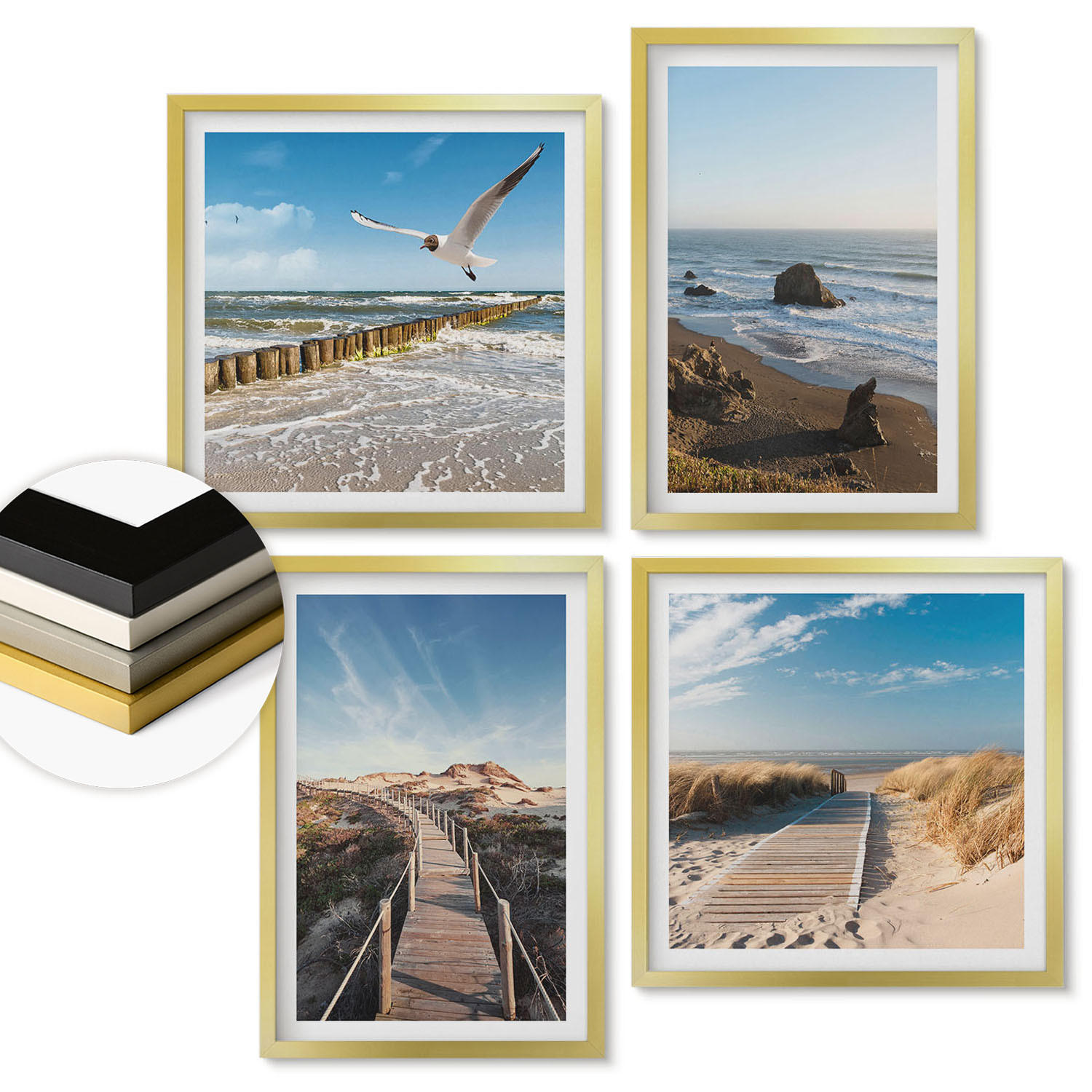 WANDBILDER 4er Set - 50x50 cm & 40x60 cm Goldrahmen - Strandwellen, Himmelsbrücke, Spaziergang - Goldfarben, Kunststoff (50/50cm) - ArtPrintCave