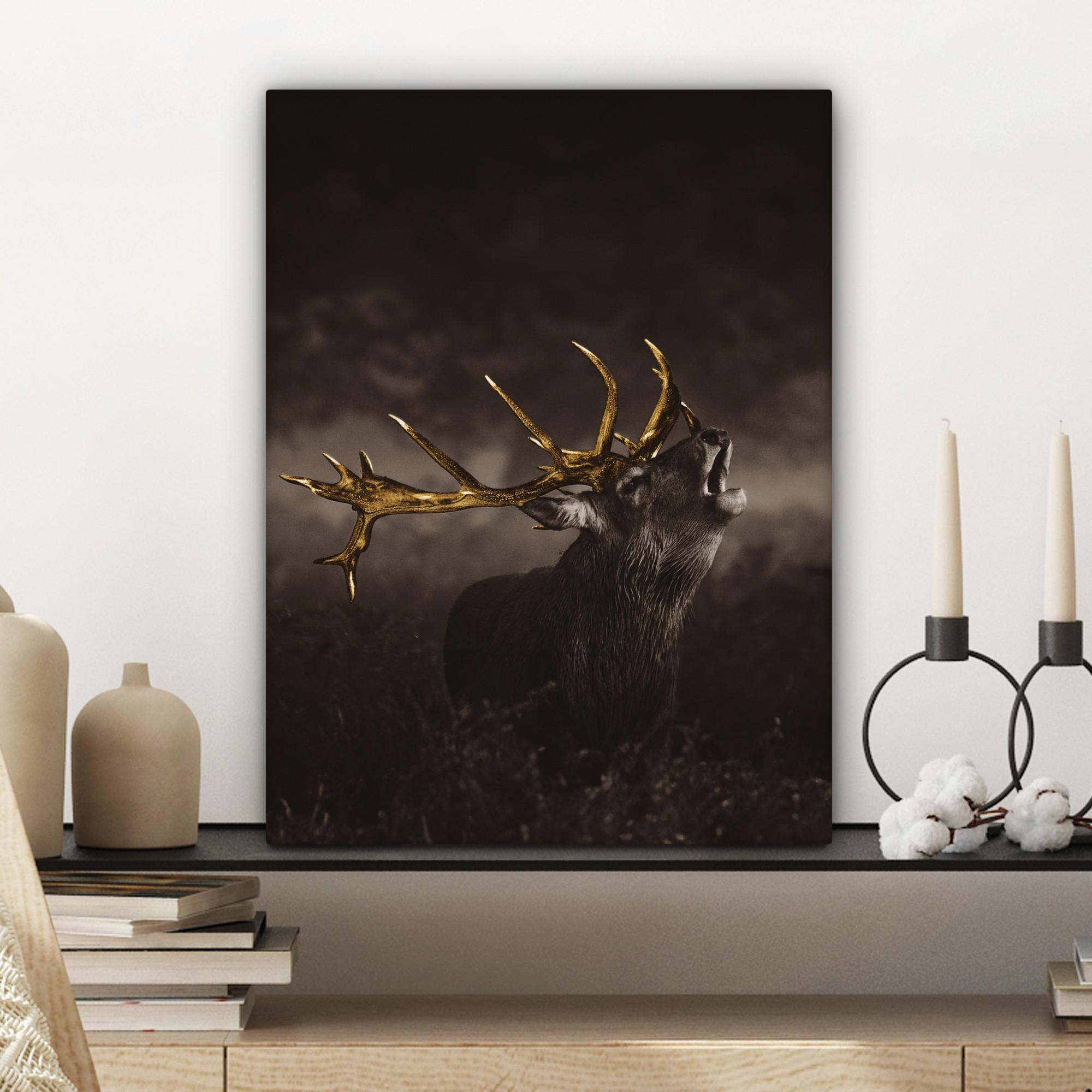 LEINWANDBILD Rotwild - Schwarz - Gold 30x40 cm - Braun, Textil (30/40cm) - MuchoWow