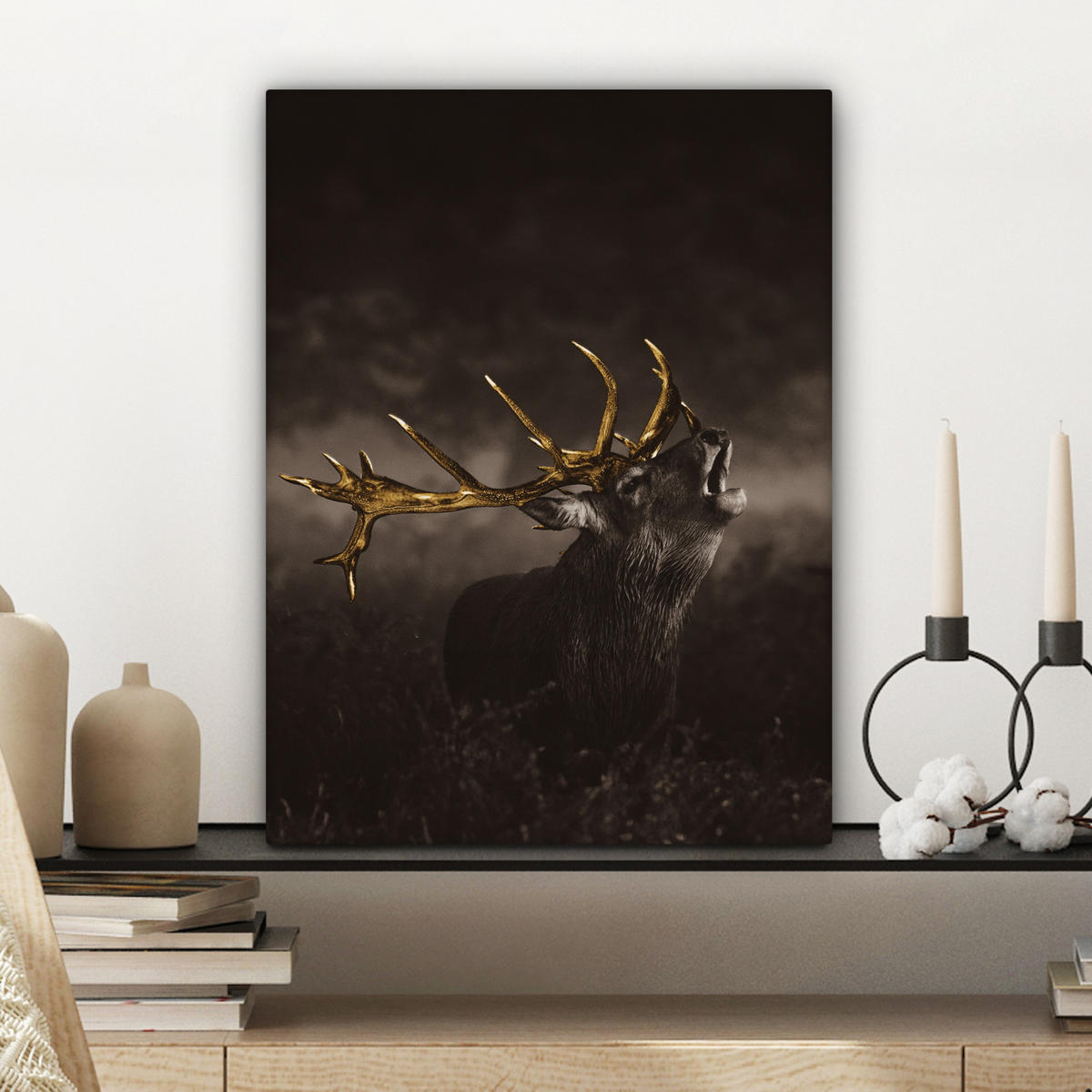 LEINWANDBILD Rotwild - Schwarz - Gold 30x40 cm - Braun, Textil (30/40cm) - MuchoWow