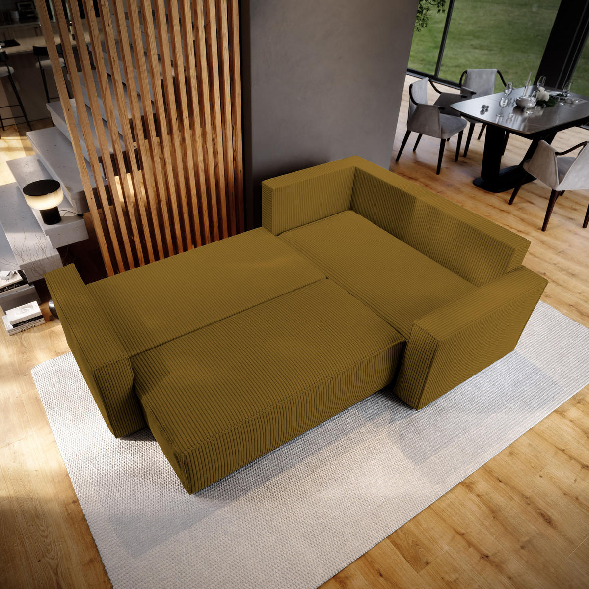 ECKSOFA ESTANO R-S Gelb Kordstoff mit Schlaffunktion - Gelb, Holz (230/158cm) - MASSENO