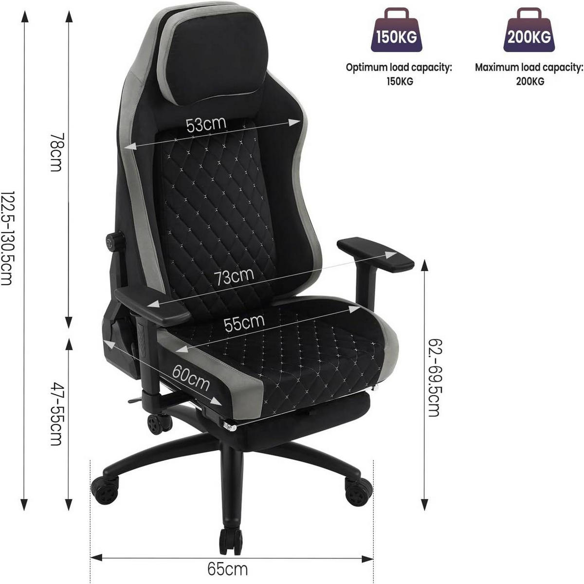 GAMINGSTUHL Samtbezug, Metallrahmen, Schwarz+Grau - Schwarz/Grau, Kunststoff/Textil (73/122.5/65cm) - Woltu