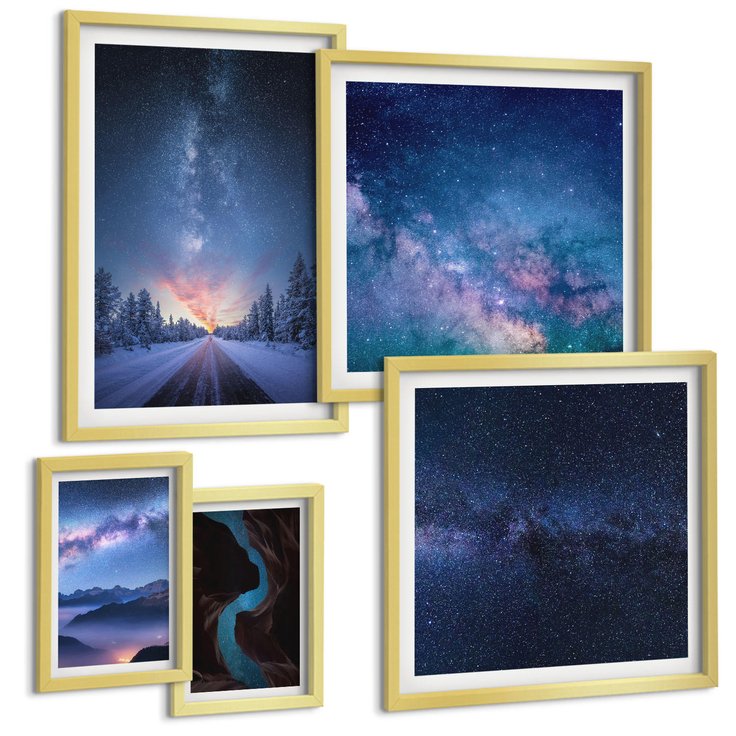 BILDER SET 5er Set - 50x50 cm & 20x30 cm & 40x60 cm Goldrahmen - Herbstliche Naturlandschaften - Goldfarben, Kunststoff (40/60cm) - TULUP