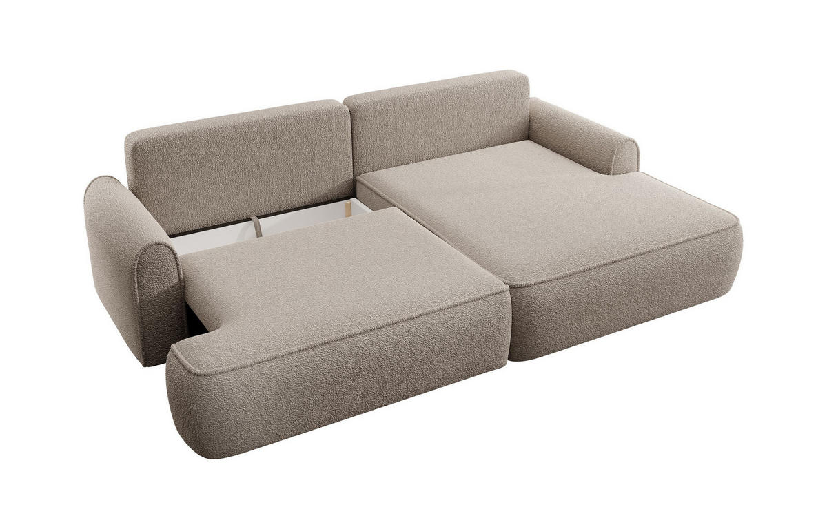 ECKSOFA MARE Beige Boucle-Stoff mit Schlaffunktion - Beige, Holz (250/146cm) - MASSENO