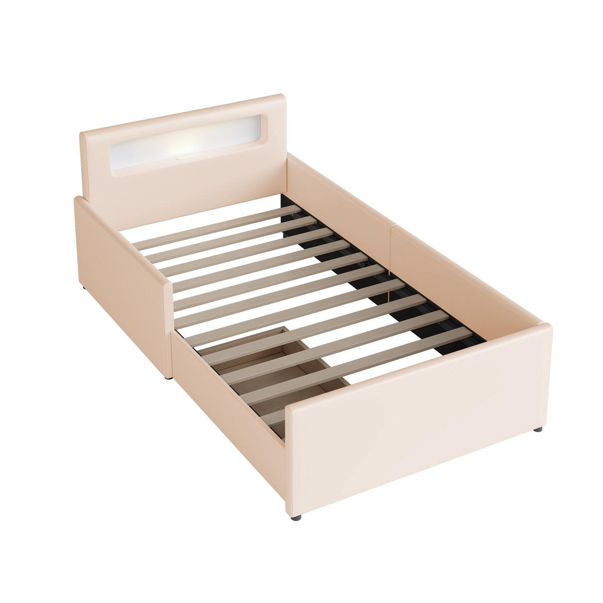 KINDERBETT 90/200 cm Beige mit LED-Beleuchtung USB-Anschluss und Stauraumschubladen - Beige, Textil (90/200cm) - OKWISH