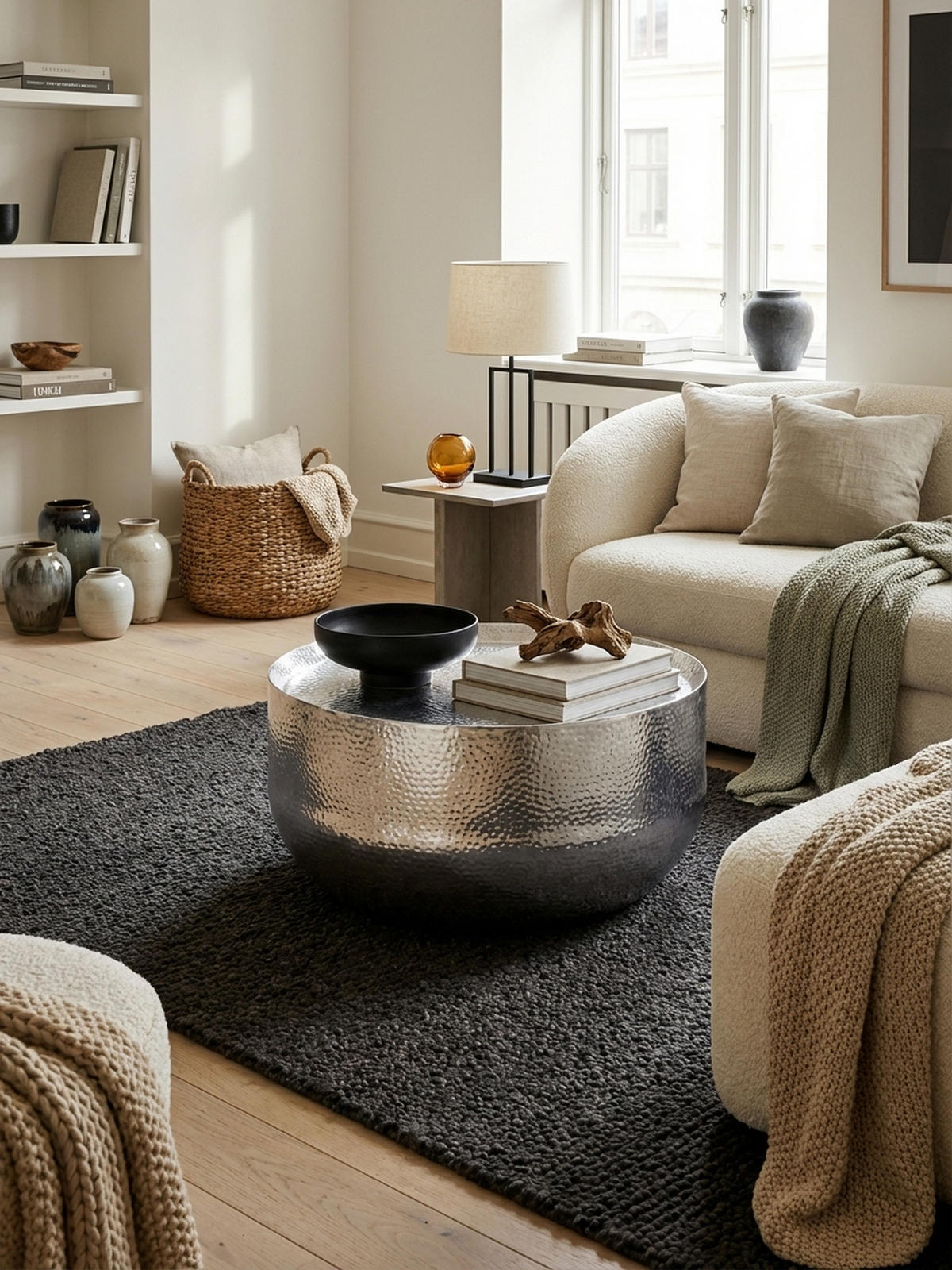 COUCHTISCH Orientalisch mit Hammerschlag-Struktur aus Aluminium und hohler Bauweise, Silber 60x60x35 cm - Silberfarben, Metall (60/60/35cm) - KADIMA DESIGN