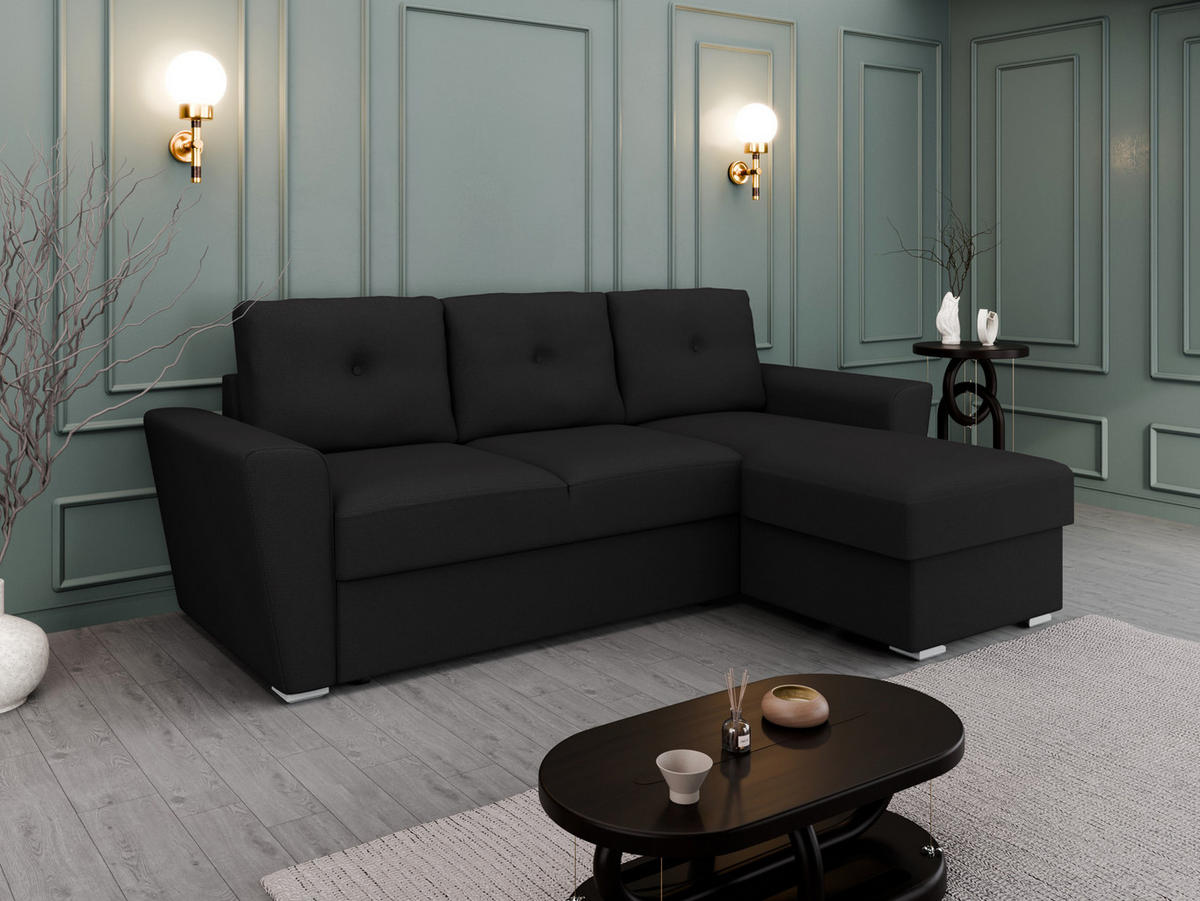 ECKSOFA Bellano Ecksofa L-Form - links oder rechts montierbar, schwarz - Schwarz, Holz (243/156cm) - Panda Möbel