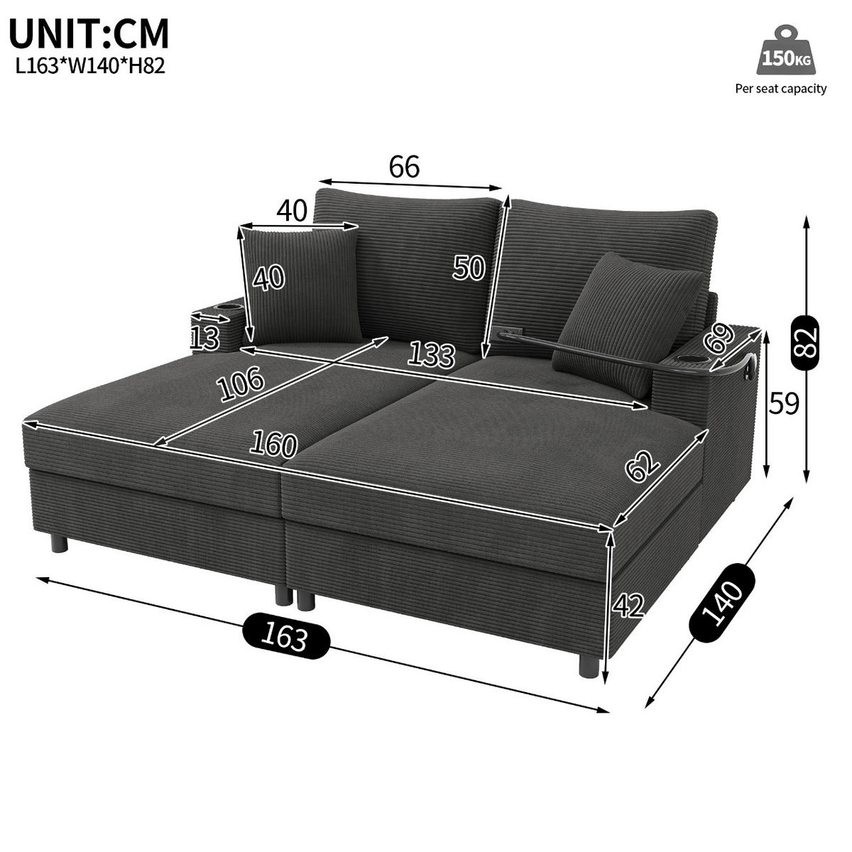 SCHLAFSOFA 2-Sitzer mit Handyhalter, USB und Getränkehalter, Grau - Grau, Textil (163/82/140cm)