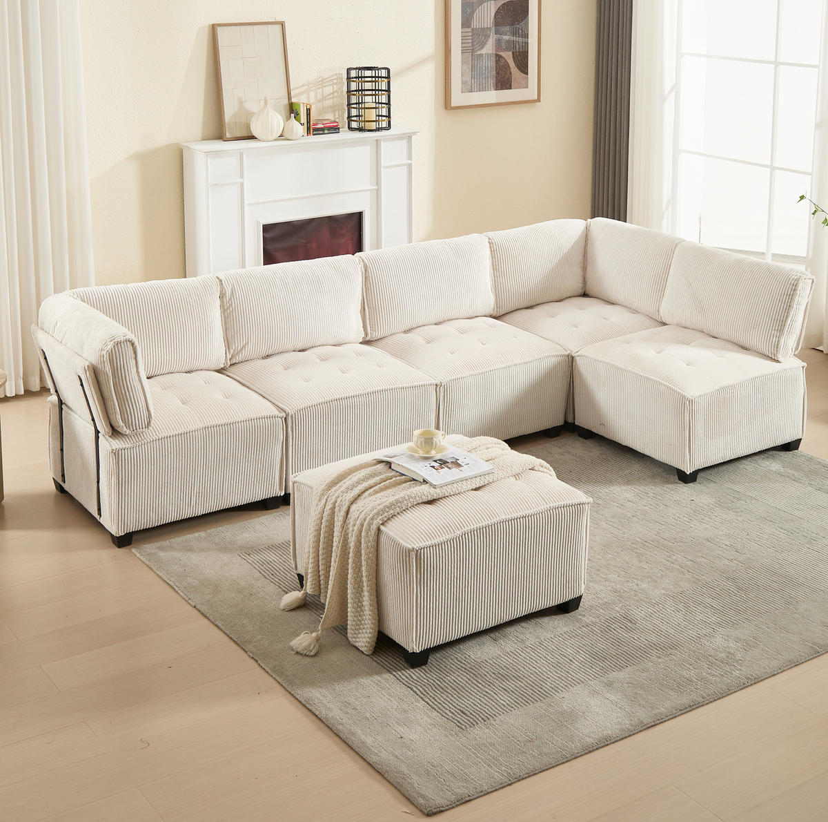 ECKSOFA 308/154/81.99 cm Beige aus Cord mit Seitentaschen - Beige, Textil (70/77cm) - OKMYHOME