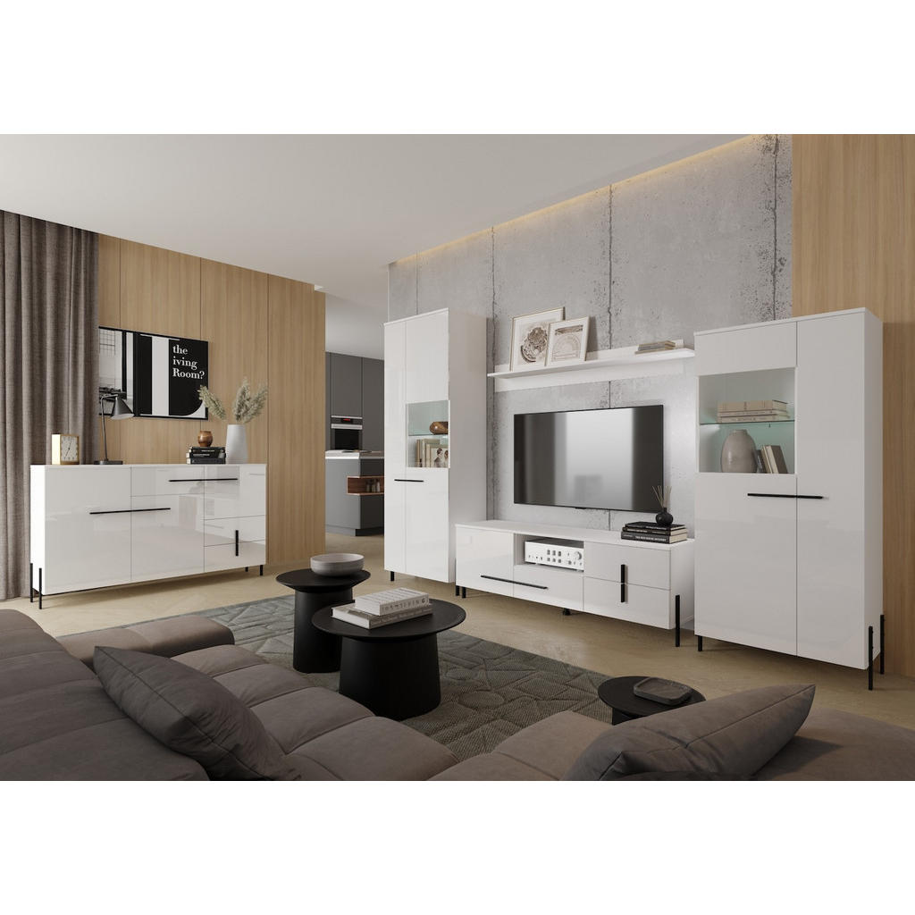 Thumbnail - Feldmann-Wohnen Wohnwand, Weiß, Schwarz, Holz, 15 Fächer, 6 Schubladen, Rechteckig, 440x200x40 cm, Wohnzimmer, Wohnwände...
