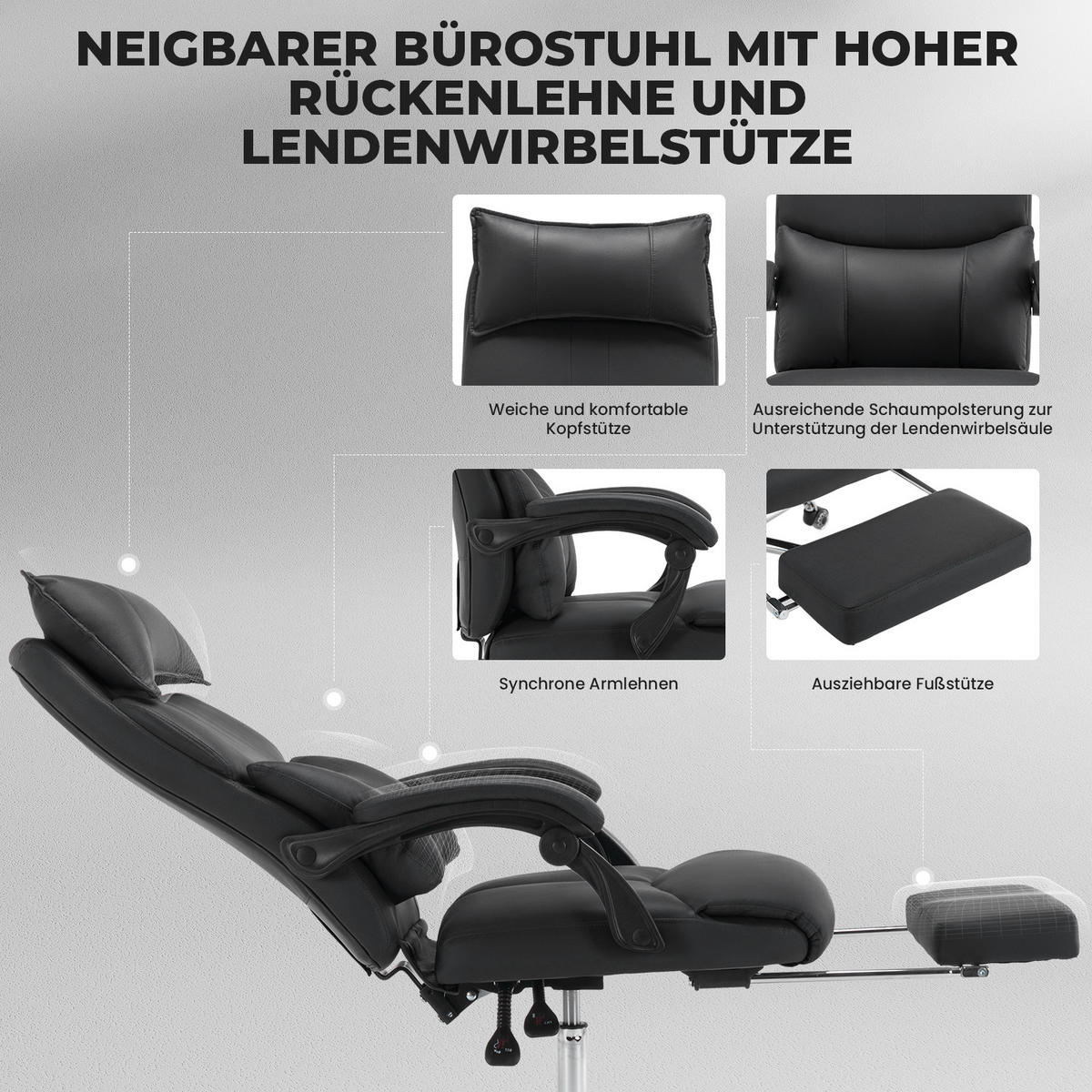 CHEFSESSEL DE-40977 mit doppelt verstellbarer Lendenwirbelstütze Schwarz - Schwarz, Metall (65/120/48cm) - ComfortXL
