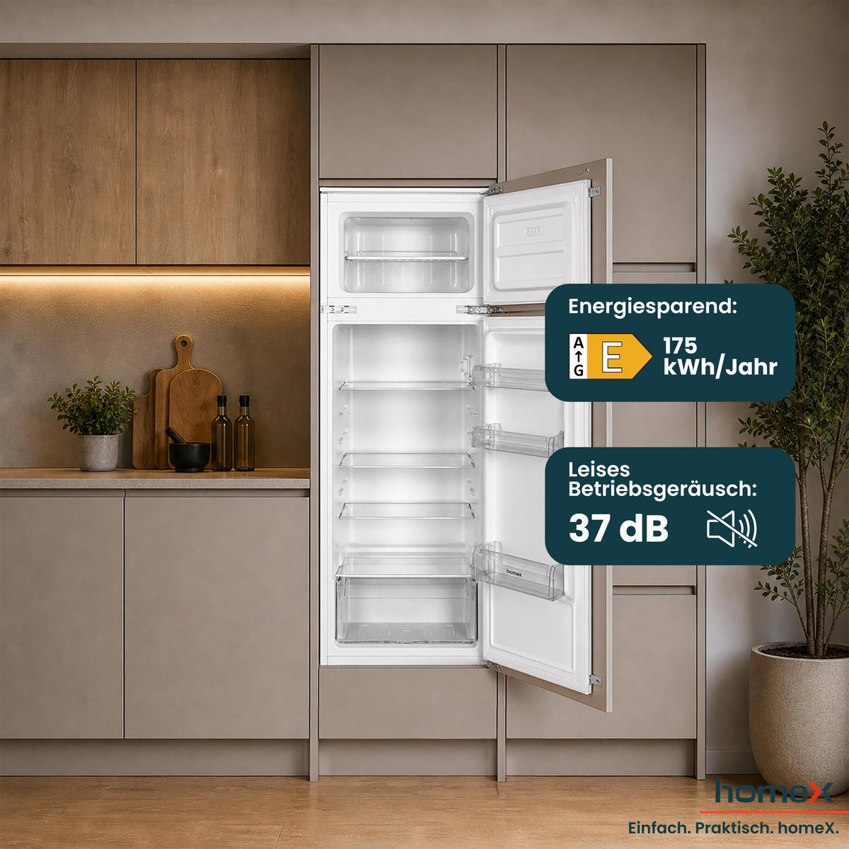 KÜHL-GEFRIER-KOMBINATION Einbau, 145cm Nische, 205 Liter, Schlepptürtechnik, Einbaukühlschrank mit Gefrierfach, CFB2051E - Weiß, Glas/Kunststoff (54/145/54cm) - homeX