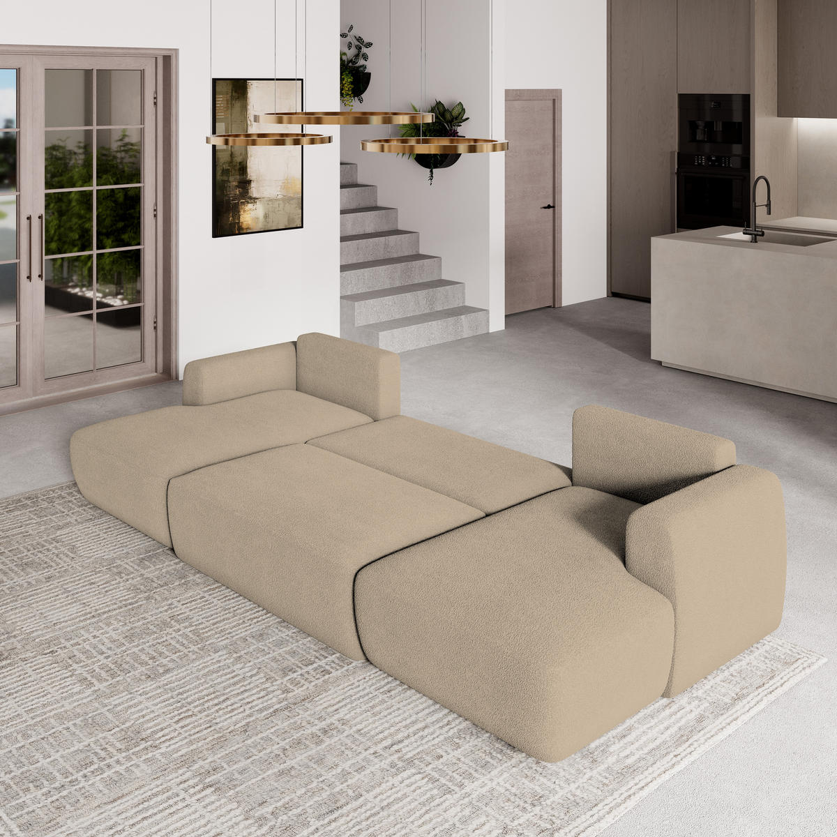 WOHNLANDSCHAFT SENTUM N Creme Boucle-Stoff mit Schlaffunktion - Creme, Holz (330/90/148cm) - MASSENO