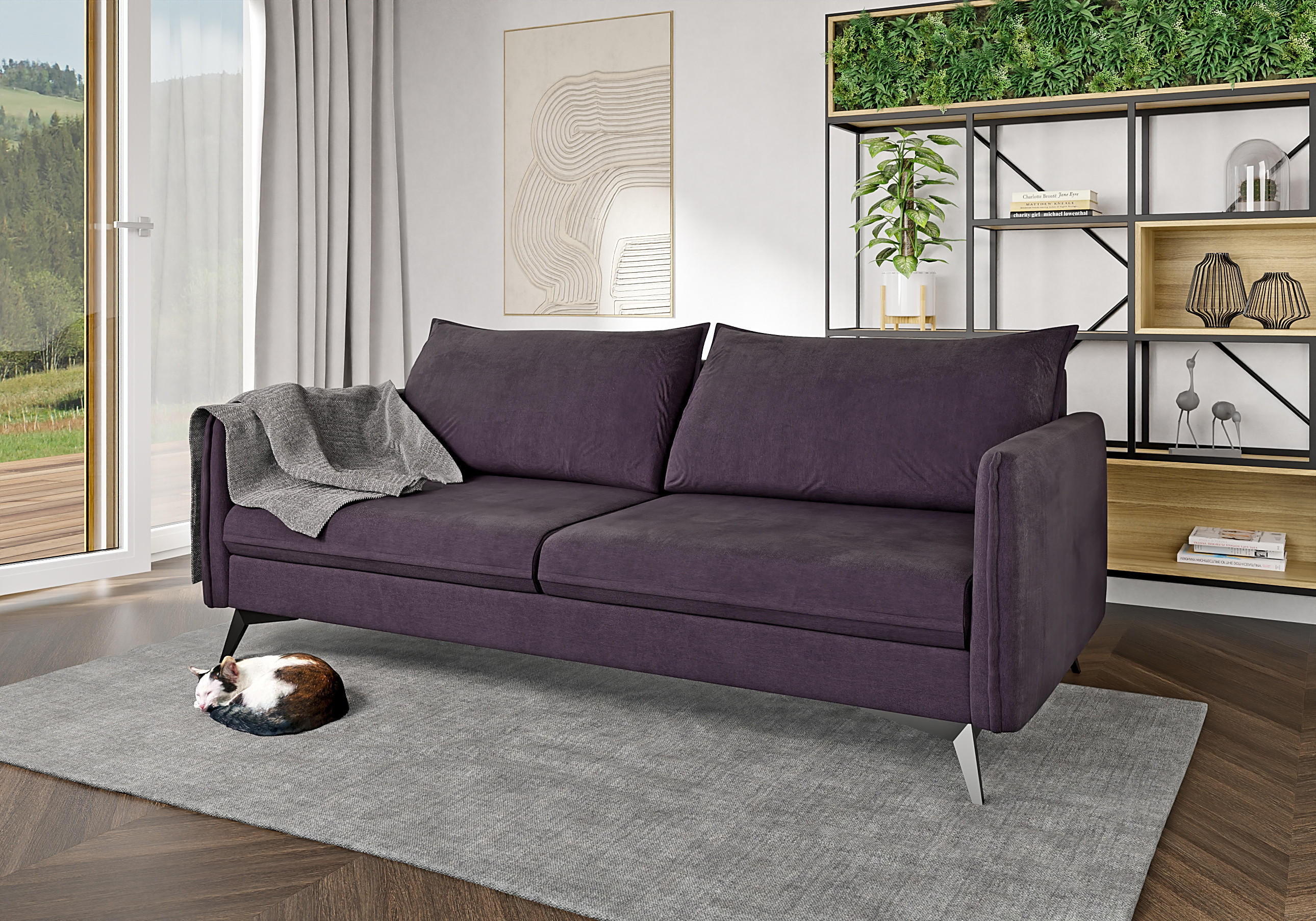 3-SITZER-SOFA Pulse Lila Luxusmicrofaser - Lila/Schwarz, Holz/Textil (199/86/91cm) - S-Style Möbel