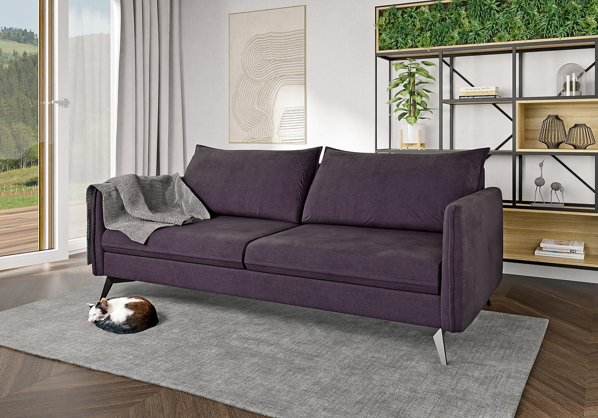 SITZGARNITUR 3+2+1 Pulse Lila Luxusmikrofaser - Lila/Schwarz, Holz/Textil (199/86/91cm) - S-Style Möbel