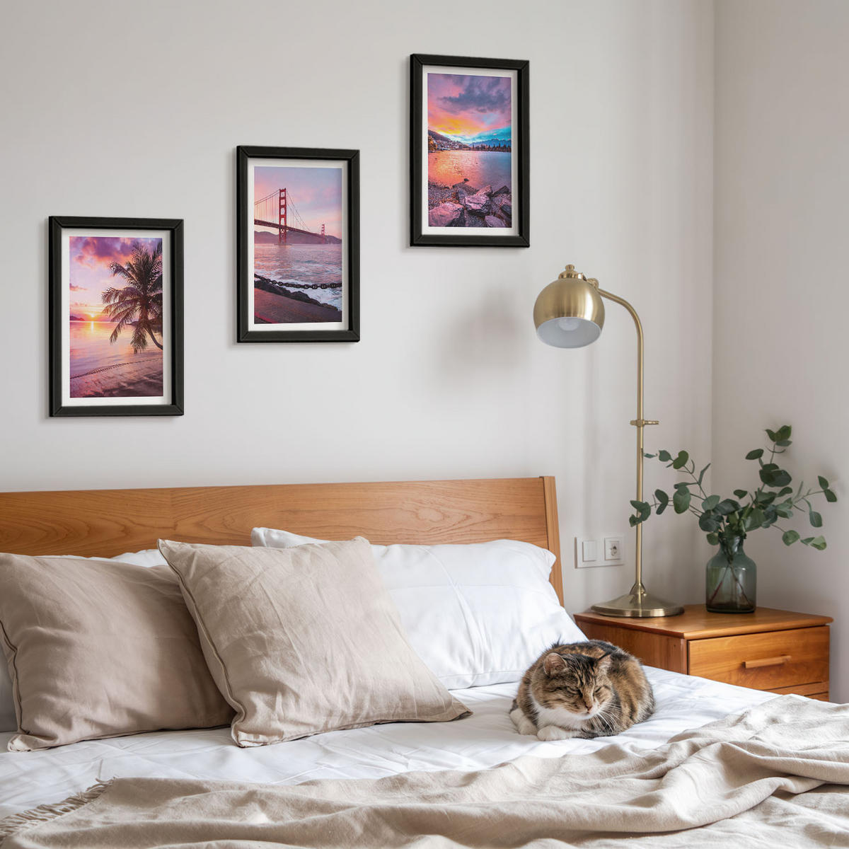 WANDBILDER 3er-Set - 20x30 cm Schwarzer Rahmen - Sonnenuntergangsbrücke Landschaft - Schwarz, Kunststoff (20/30cm) - ArtPrintCave