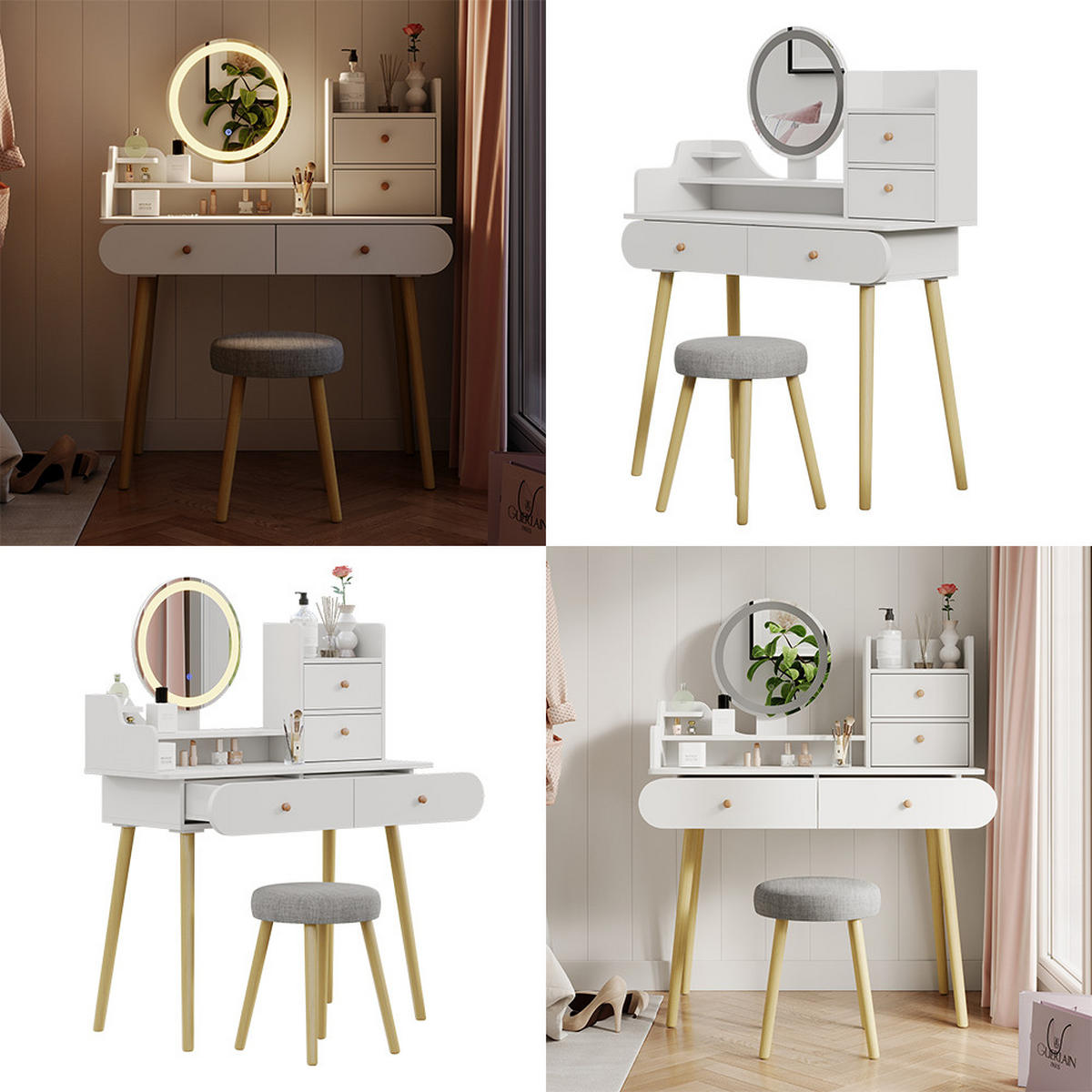 TOALETNÍ STOLEK Edda Bílá 100 cm se zrcadlem LED a stoličkou - bílá, kompozitní dřevo (100/130/40cm) - Vicco