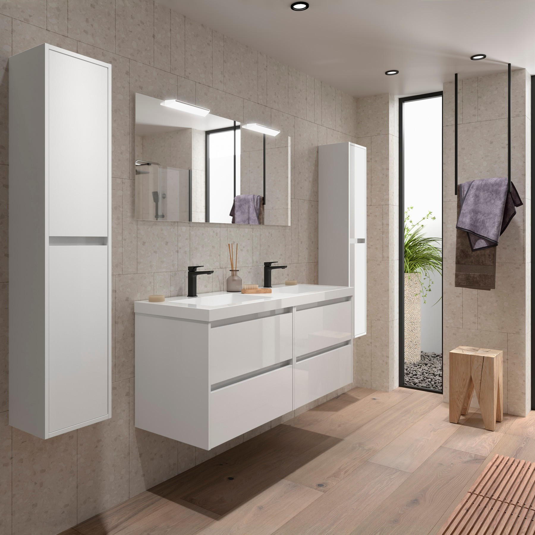 BADEZIMMERMÖBEL NOJA 1400 2 Schubladen WHITE GLOSS + Waschtisch + Spiegel - Schwarz, Metall (45/54/140cm) - Salgar
