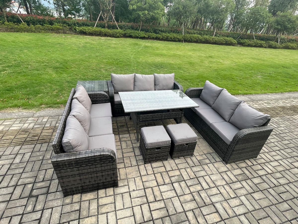 GARTENTISCHGRUPPE mit Beistelltisch 2 Hocker Polyrattan Dunkelgrau 11-Sitzer - Dunkelgrau/Grau, Glas/Kunststoff - Fimous