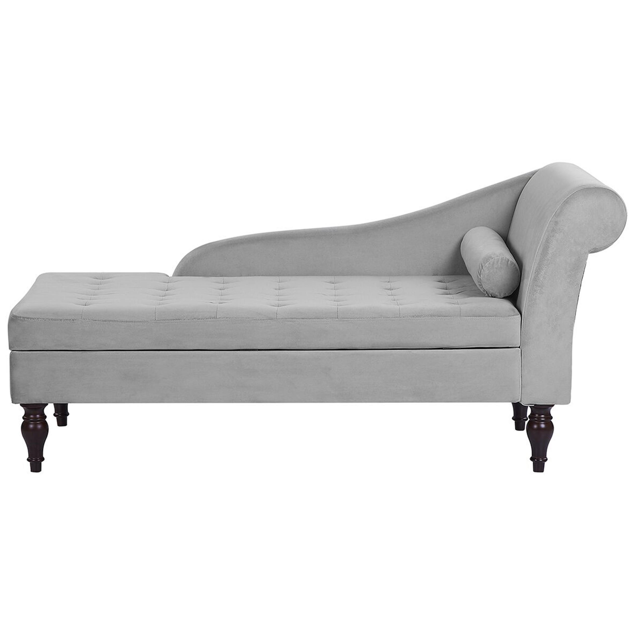 ČALOUNĚNÉ LEHÁTKO CHAISE LONGUE Sametová látka světle šedé s úložným prostorem pod postelí pravostranné Pessac - šedá, textil (145/72/65cm) - Beliani