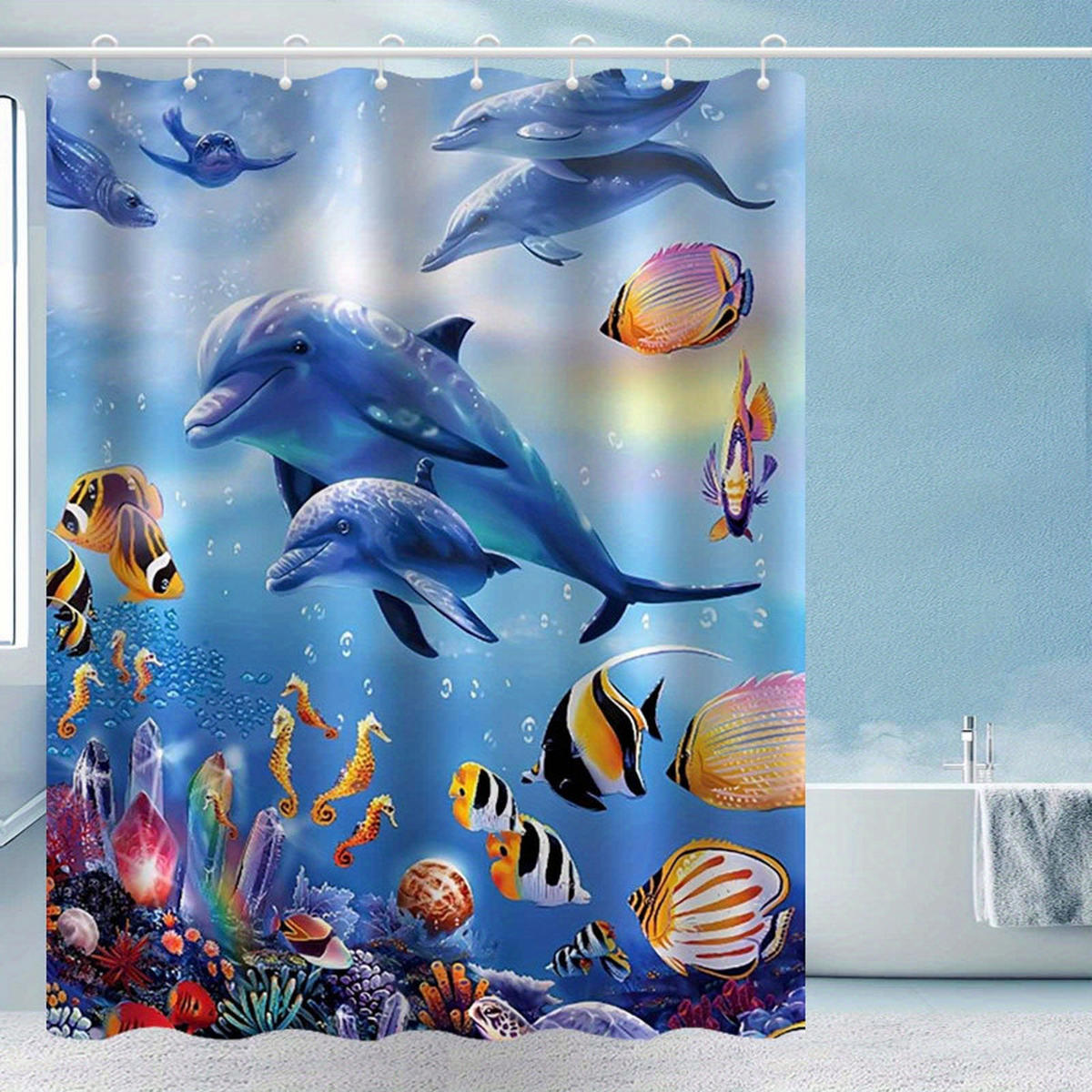 DUSCHVORHANG Muster Delfin Ozean dekorativ fürs Badezimmer Haken - Blau, Textil (120/180cm) - MCBOSON